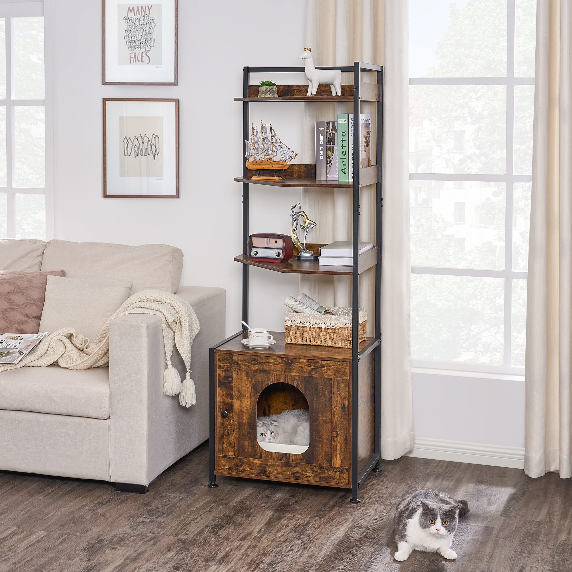 Bewishome Cat Litter Box Enclosure Furniture, Hidden Litter Box Furniture For Living Room, Large Cat Furniture With 4 Tier Shelv