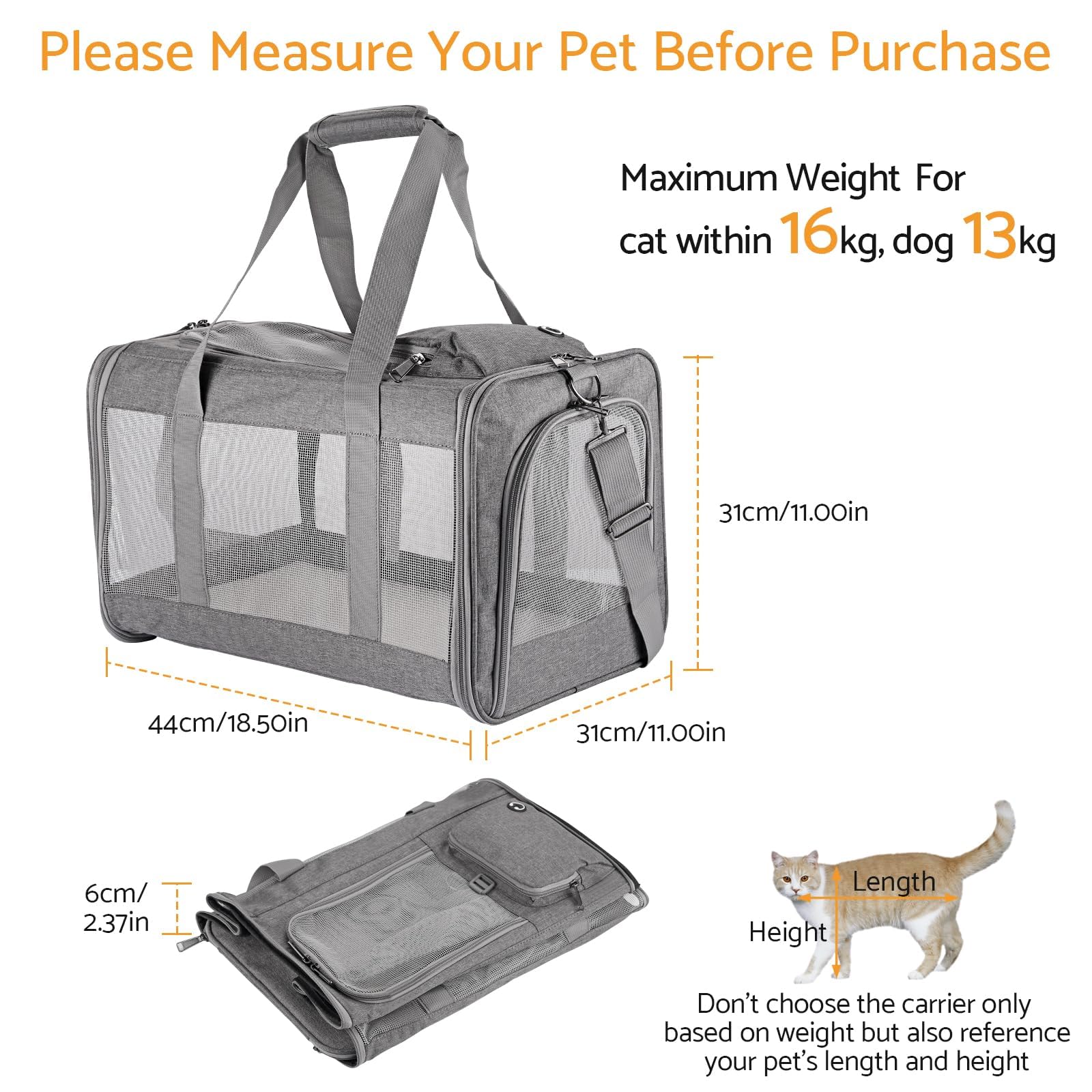 Maxetodo Airline Approved Pet Carrier For Cats Dogs Soft Travel Bag With Breathable Honeycomb Board,Removable Support Board For