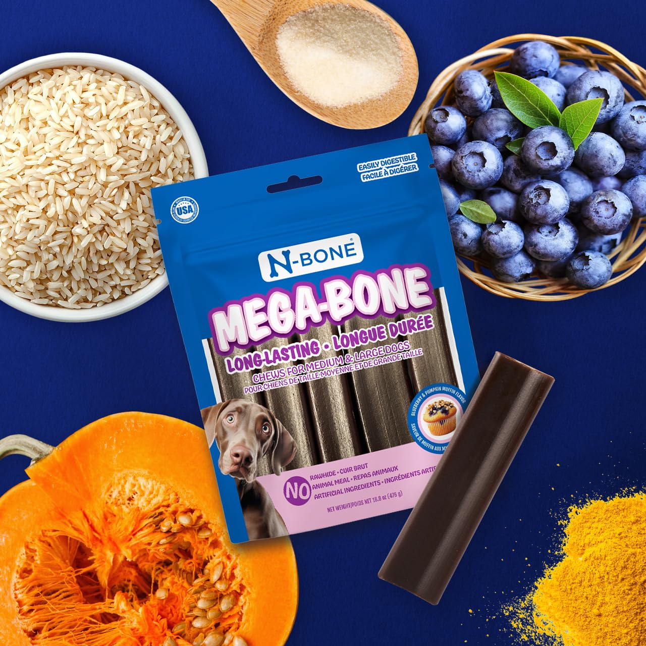 N-Bone Mega-Bone Long-Lasting Dog Chews, Blueberry Pumpkin Muffin, 6 Count, 16.8 oz