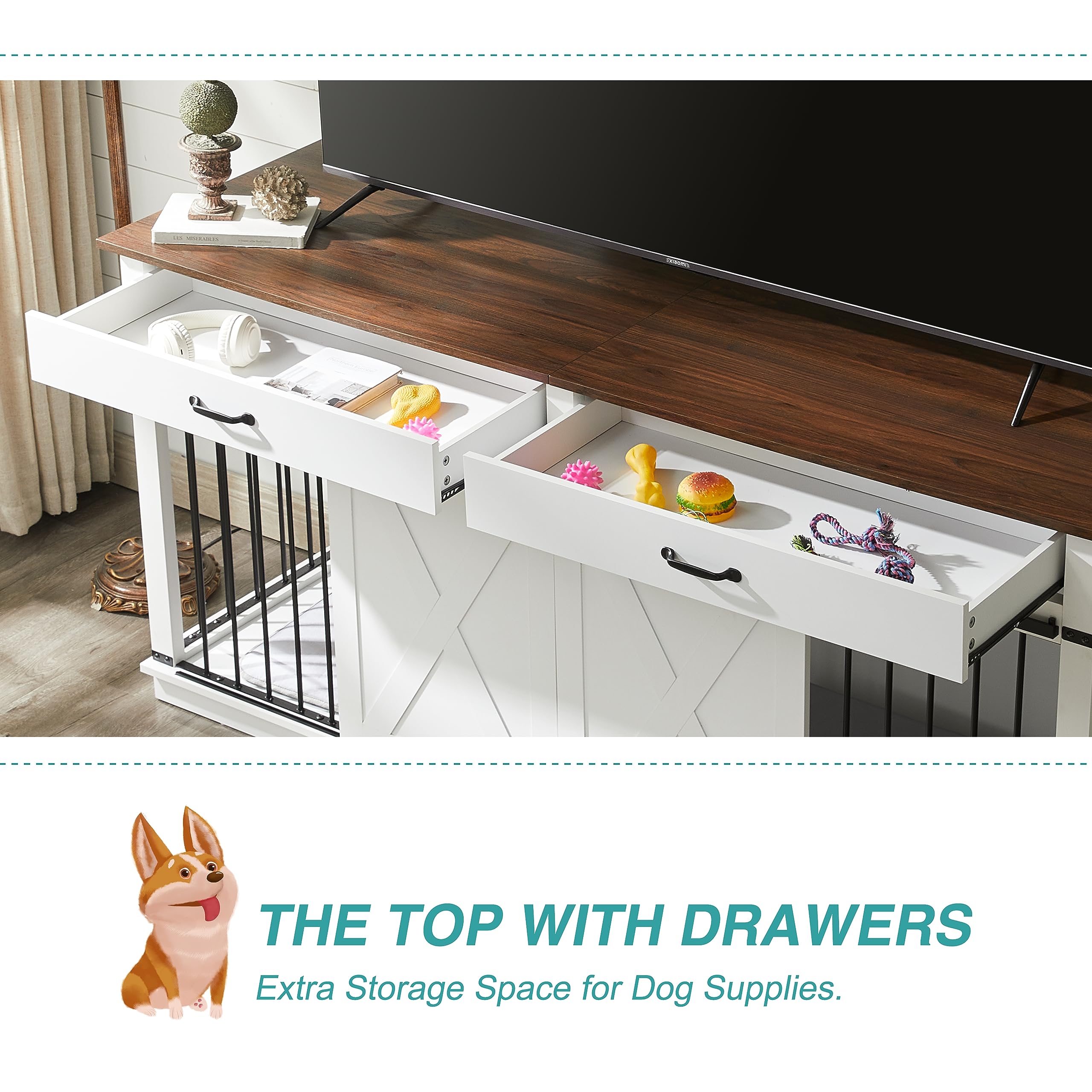 EDYO LIVING 72.5 Large Dog Crate Furniture for 2 Dogs, Wooden Dog Kennel with Drawers, Divider, Sliding Barn Door, Water Resista