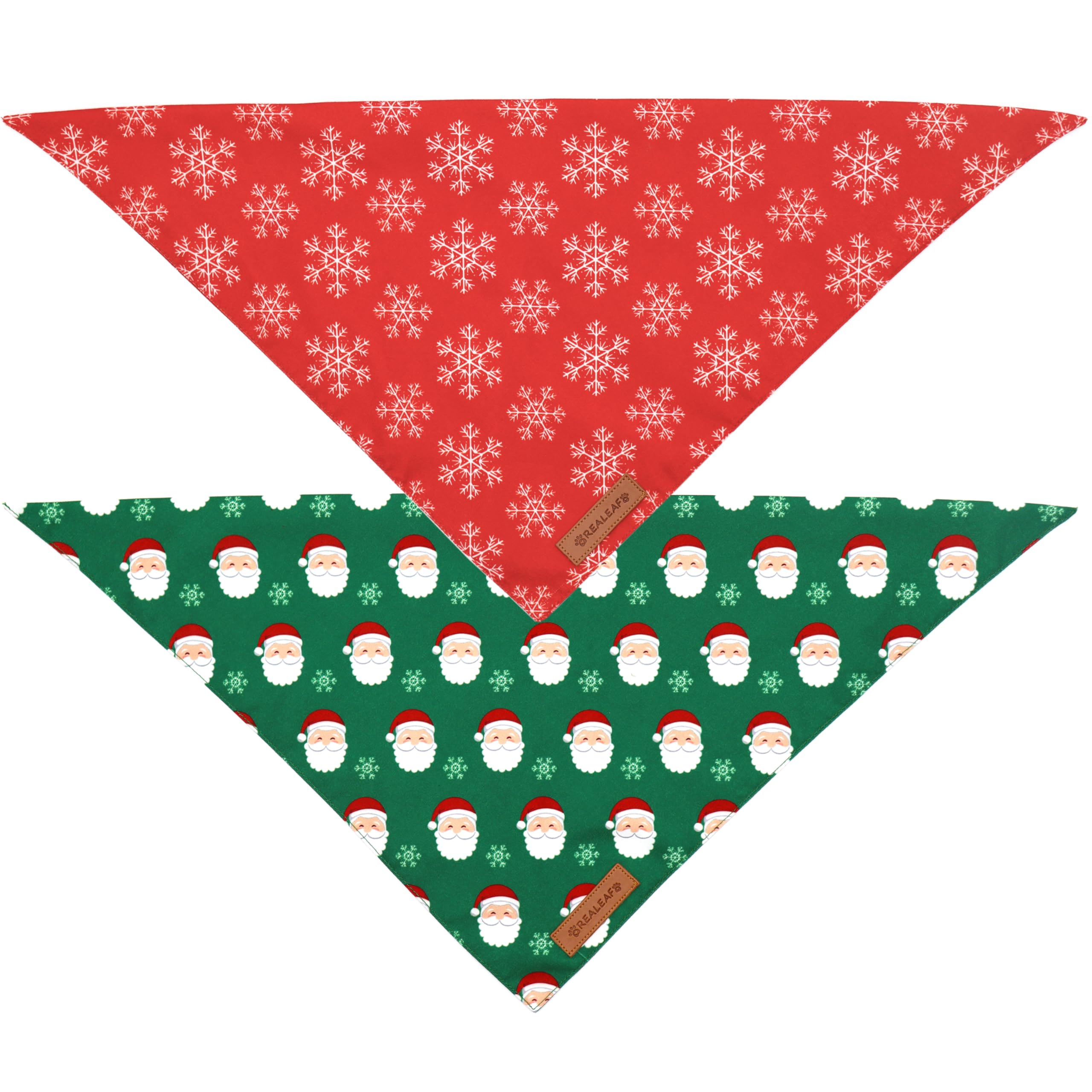 Realeaf Christmas Dog Bandanas 2 Pack, Snowflake And Santa Claus Dog Scarf For Boy And Girl, Premium Durable Fabric, Holiday Red