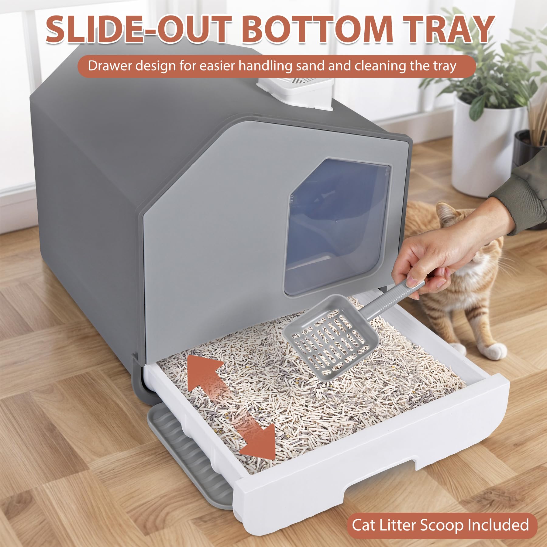Extra Large Enclosed Cat Litter Box With Mat And Litter Scoop, Odorless Toilet Anti-Splashing Kitty Litter Pan Covered Hooded Ca