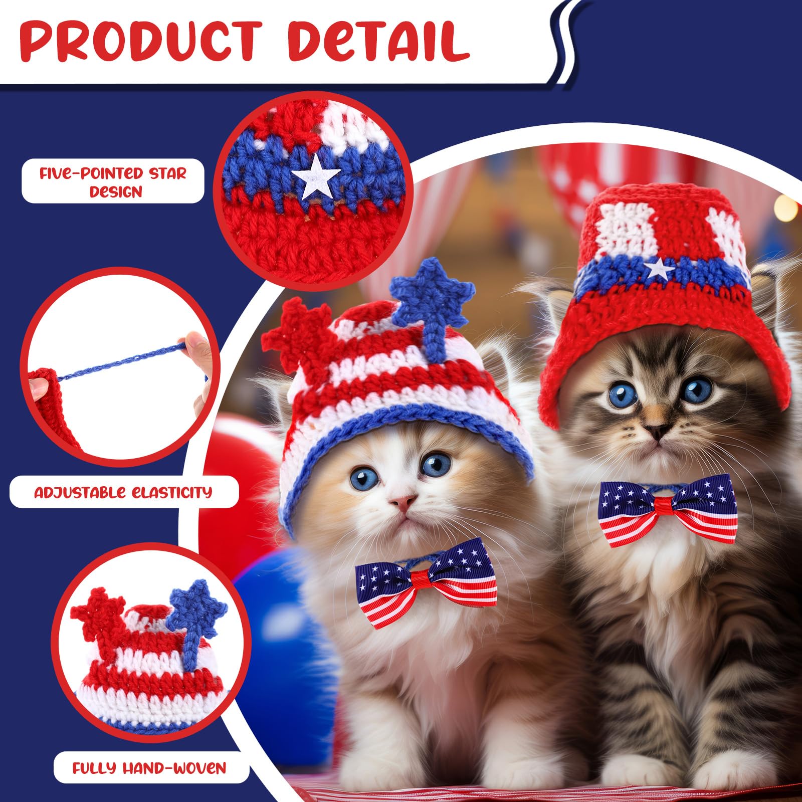 Ganeen 4 Pcs Independence Day Cat Costume 4th of July Pet Hat Headband American Flag Bow Tie Dog Cap USA Small Animal Top Hats N