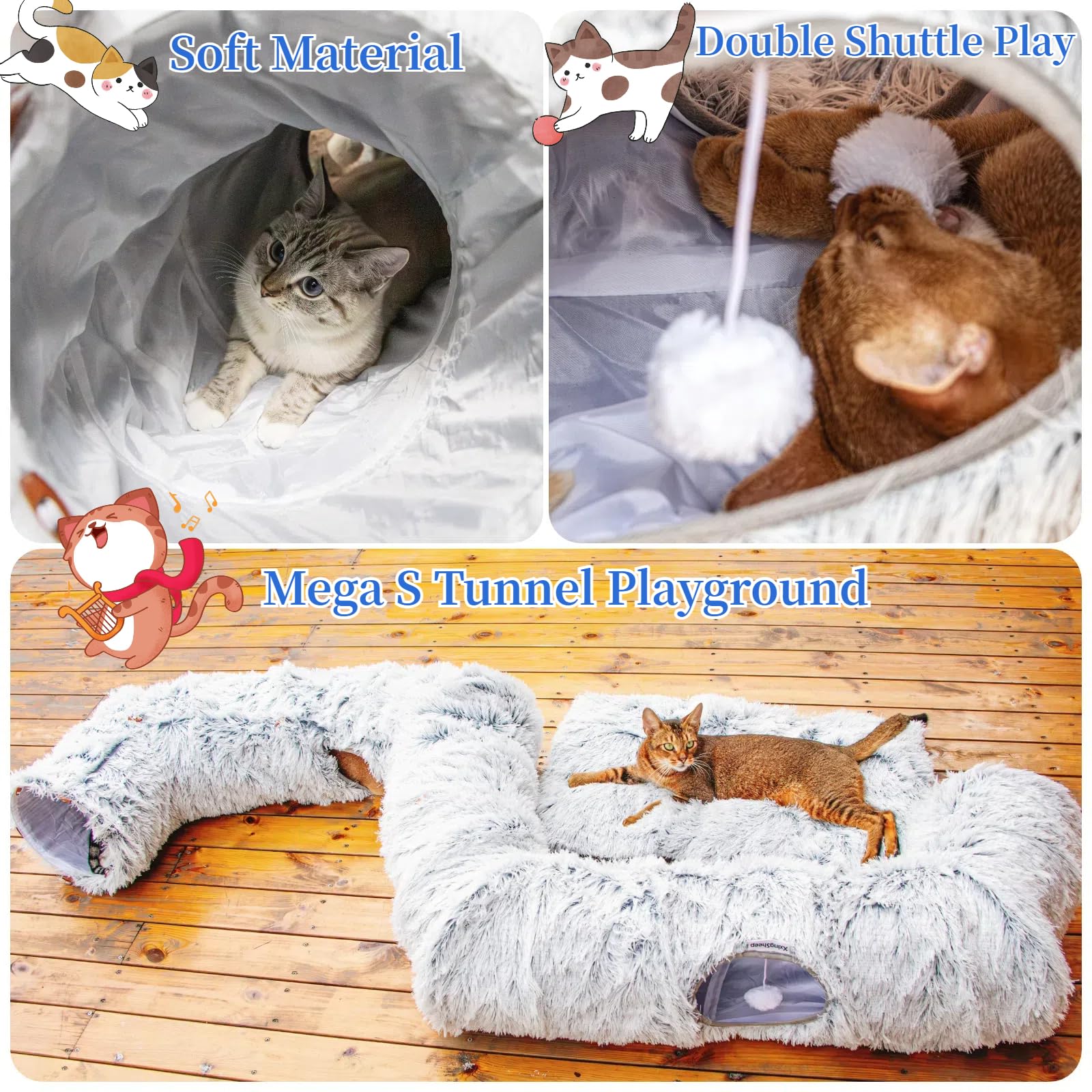 XxingSheep 4 Cave Shuttled XL Cat Tunnel Bed for Indoor Cats Peekaboo Toy Donut with Warm Mat