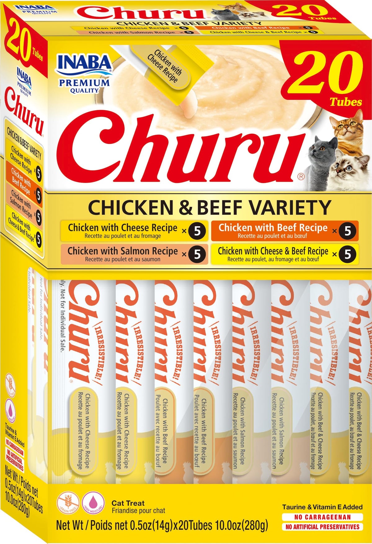 Inaba Churu Cat Treats, Grain-Free, Lickable, Squeezable Creamy Purée Cat Treat/Topper With Vitamin E & Taurine, 0.5 Ounces Each Tube, 20 Tubes, Chicken & Beef Variety Box