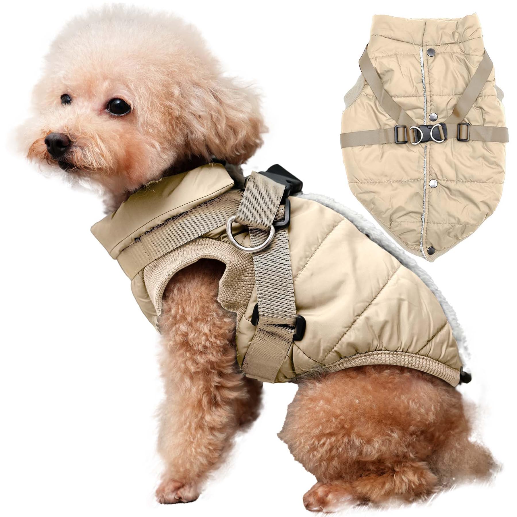 JoyDaog Dog Jacket with Harness,Fleece Lined Warm Puppy Coat for Winter,Soft Windproof Large Dog Vest,Khaki XXXL