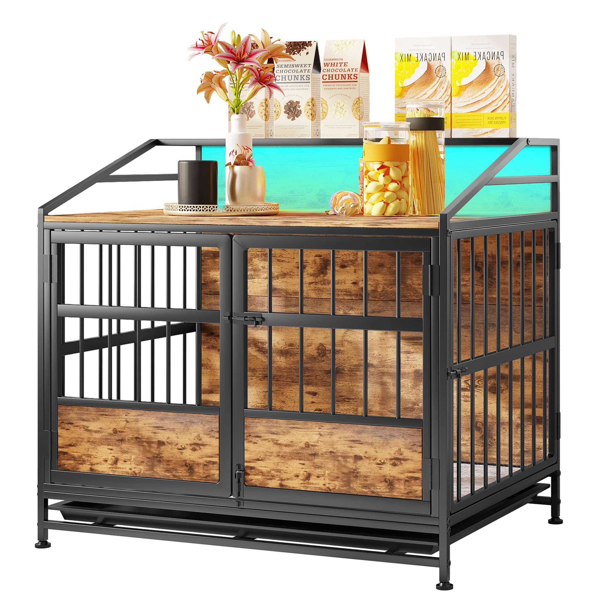 Maliacife Dog Crate Furniture with Led Lights,Heavy Duty Wooden Dog Kennel with Double Doors,Dog House Indoor for Small Medium D