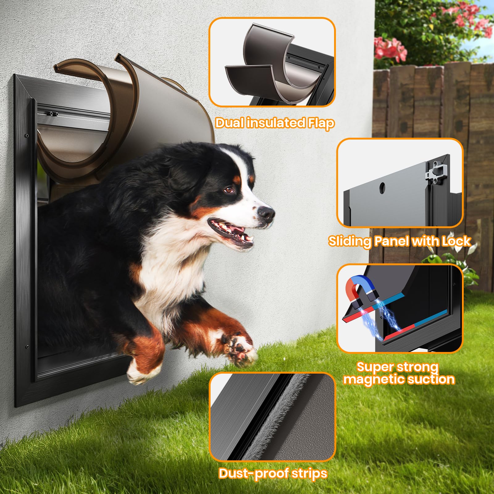 Dog Door For Wall, All Aluminum Large Doggy Door Doggie Door, Pet Door Easy To Install, 2 Magnetic Flaps Energy Efficient, Wide