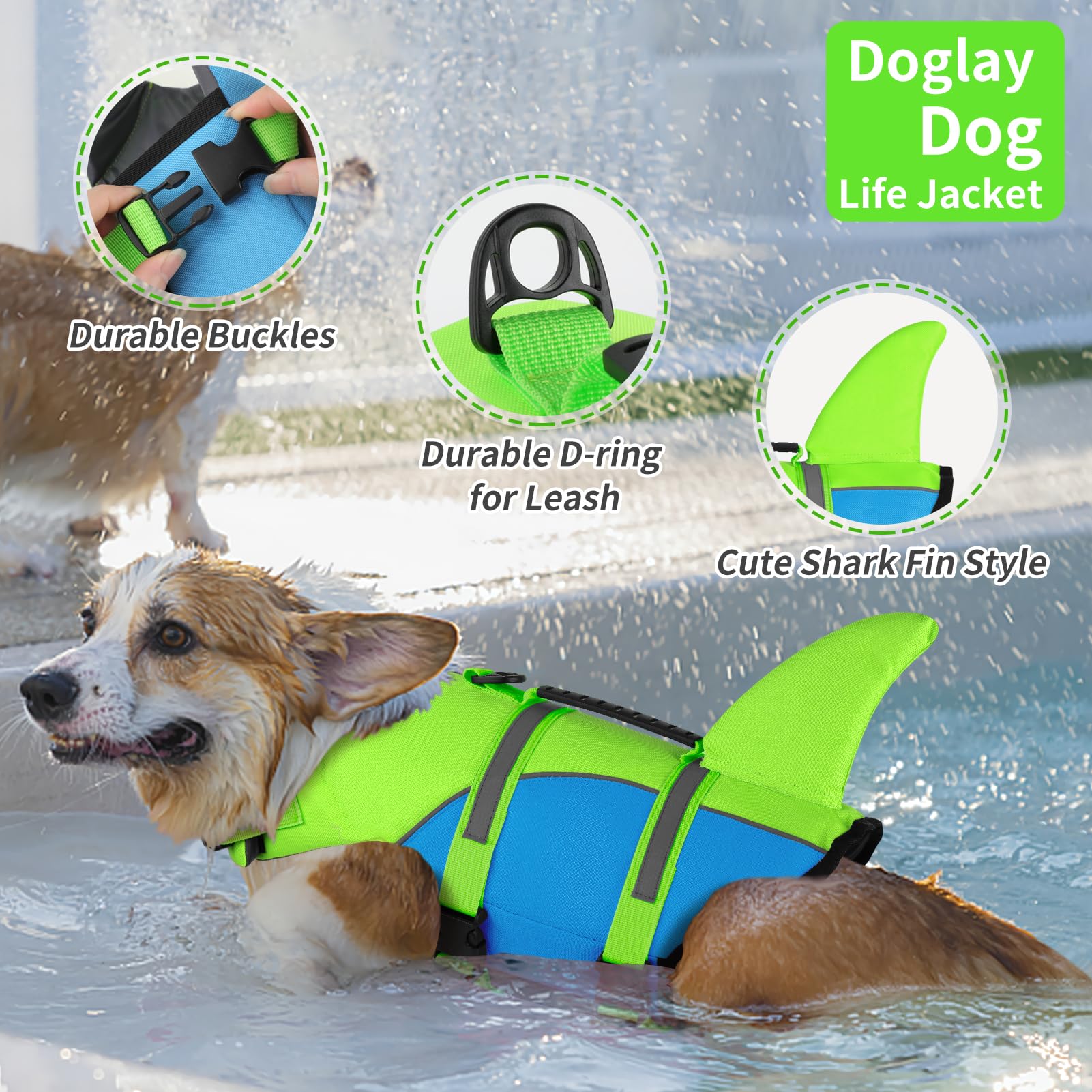 Doglay Shark Dog Life Jacket With Superior Buoyancy And Rescue Handle, Adjustable Ripstop Vest For Swimming Boating, Pet Flotati