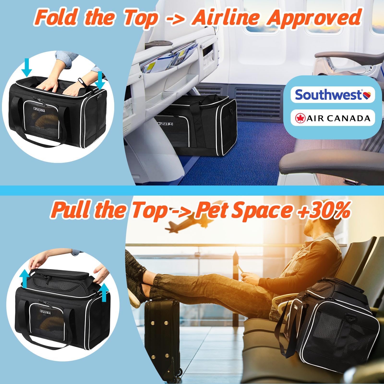 Petskd Top-Expandable Pet Carrier 18X13X9.5 Inches Southwest Allegiant Airline Approved, Soft-Sided Carrier For Small Cats And Dogs With Locking Safety Zippers And Anti-Scratch Mesh(Black)