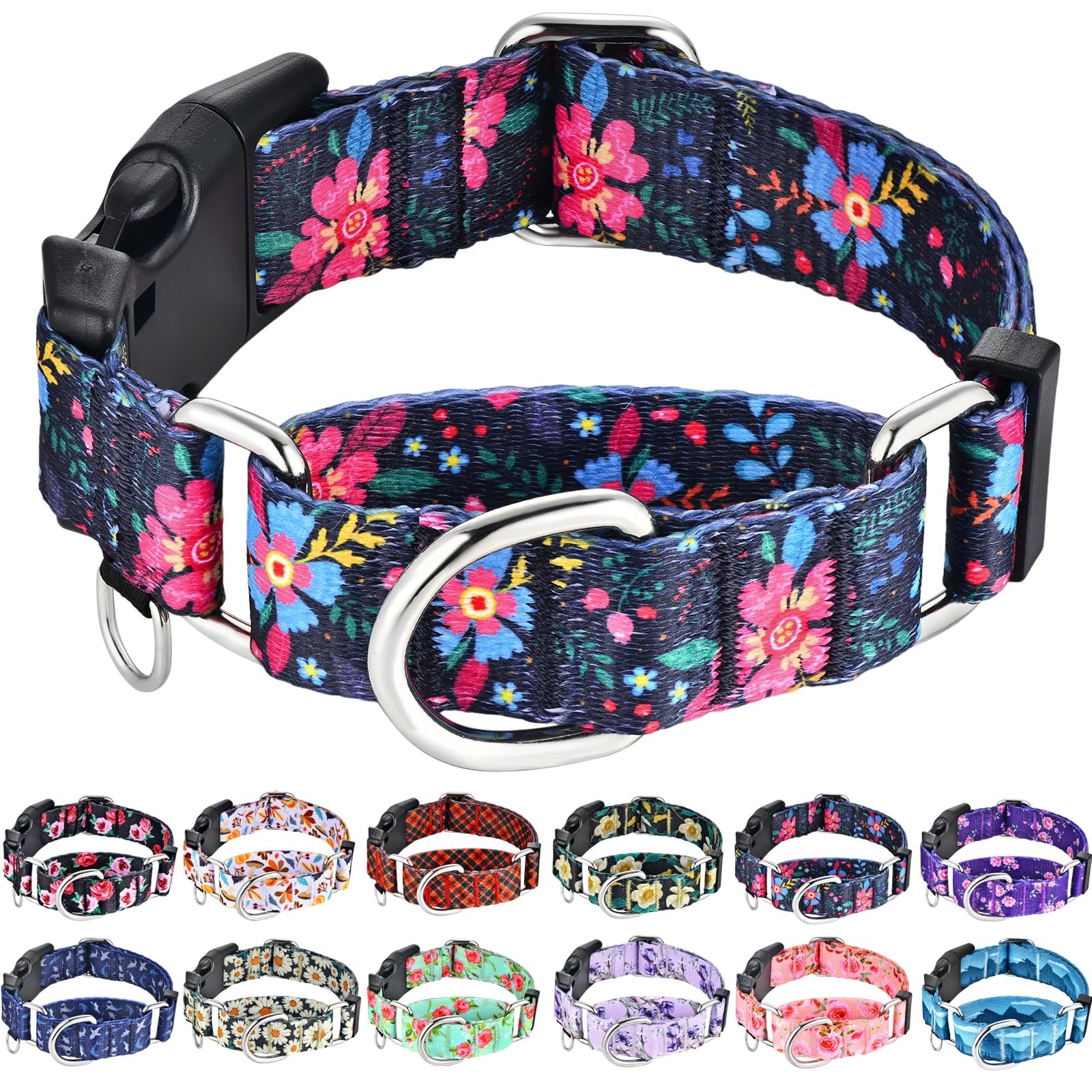Fidohug Slip Collar for Dogs Martingale Collar with Buckle Floral Adjustable Soft Nylon Dog Collars (Blue Pink Flower, Large)