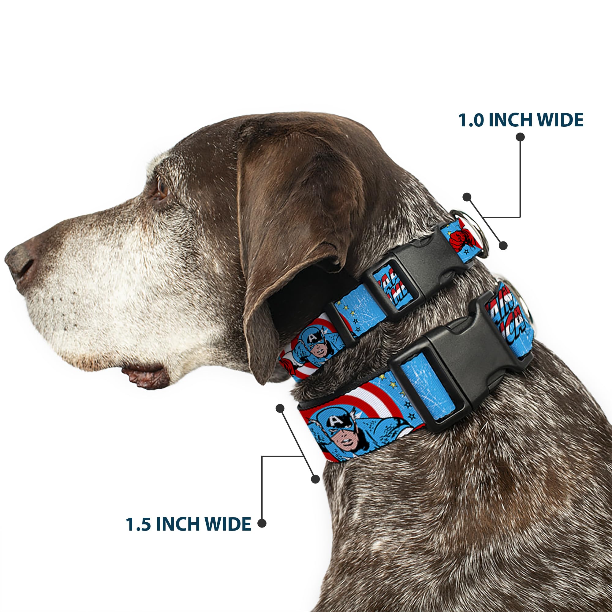 Buckle-Down Dog Collar Plastic Clip Captain America Action Pose Weathered Blue, 1.5 Wide - Fits 18-32 Neck - Large (Pc-W