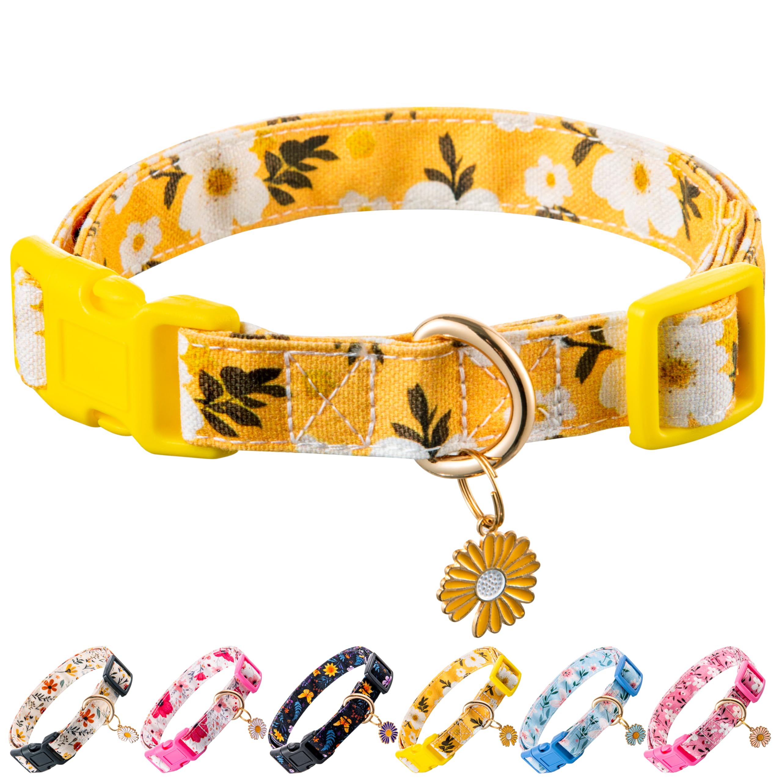 Raisingwell Cotton Dog Collar Yellow Flower Pattern For Boys And Girls Cute Dog Collars Summer Fall Gift Adjustable For Small To