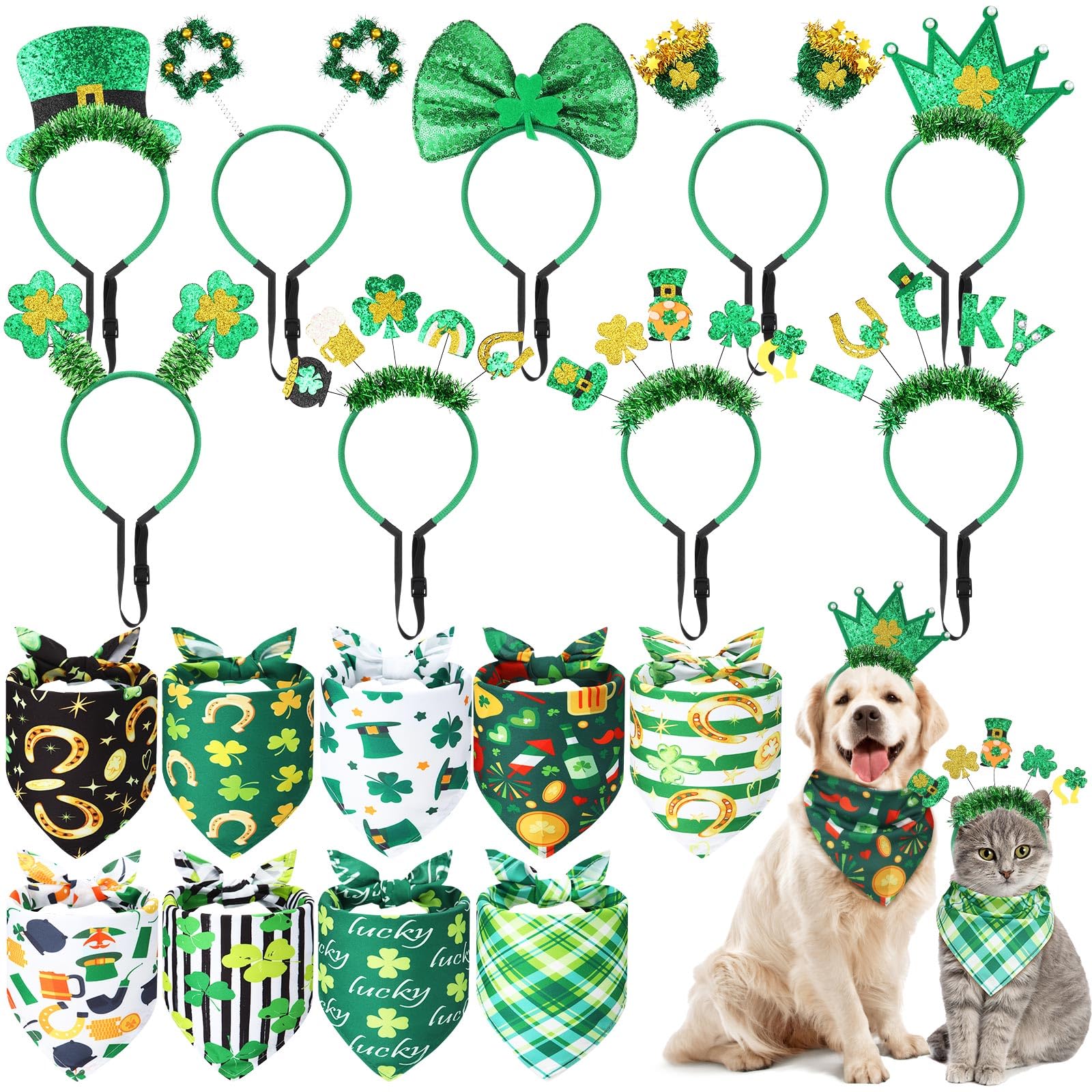 Wavwavw 18 Pcs St Patricks Day Dog Headband Green Shamrock Dog Bandanas Costume Buffalo Plaid Triangle Pet Scarf Adjustable Head