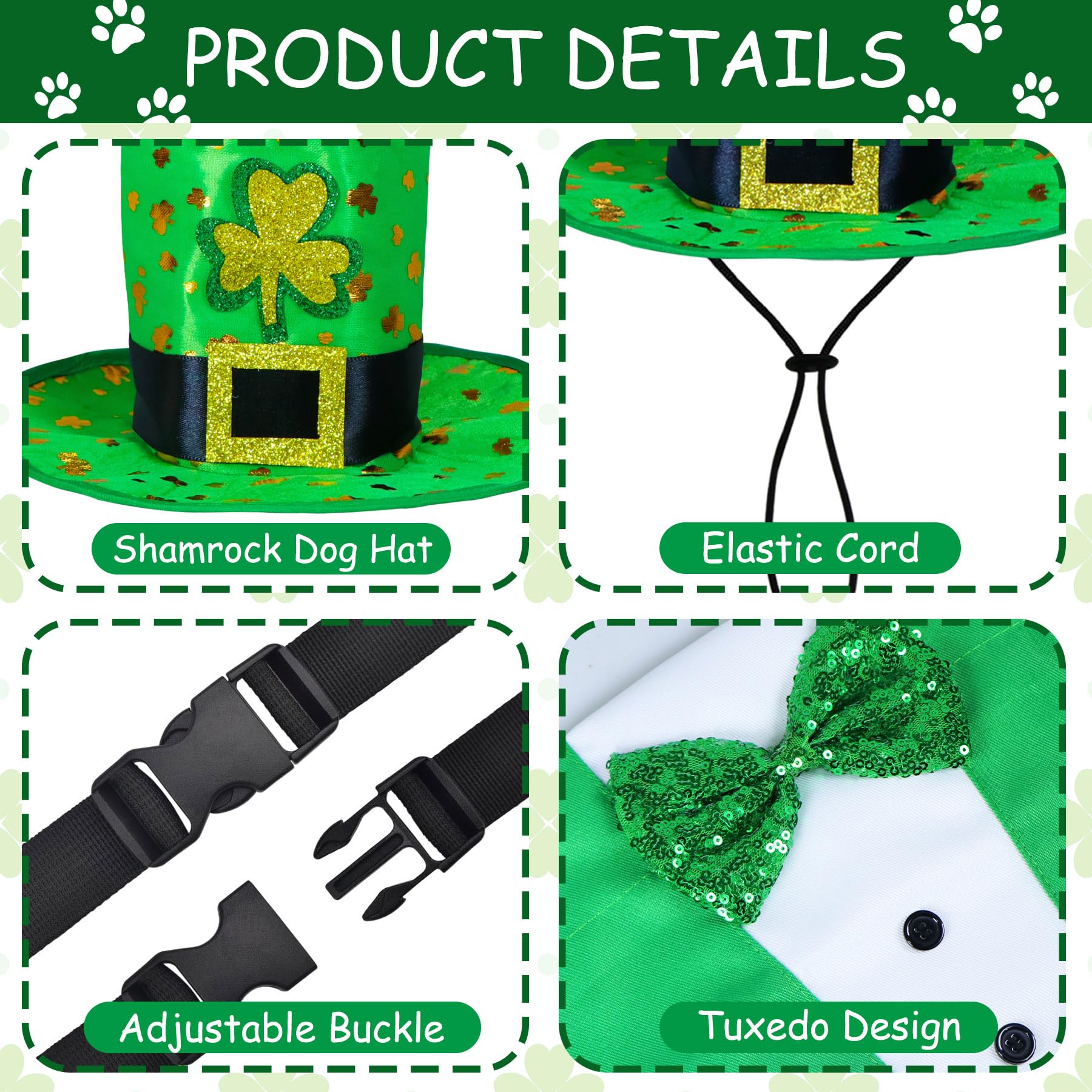 Goyoswa 2 Pcs Dog St. Patrick'S Day Outfit, St Patricks Day Dog Clothes Green Shamrock Dog Hat Dog Tuxedo Suit With Bow Tie For