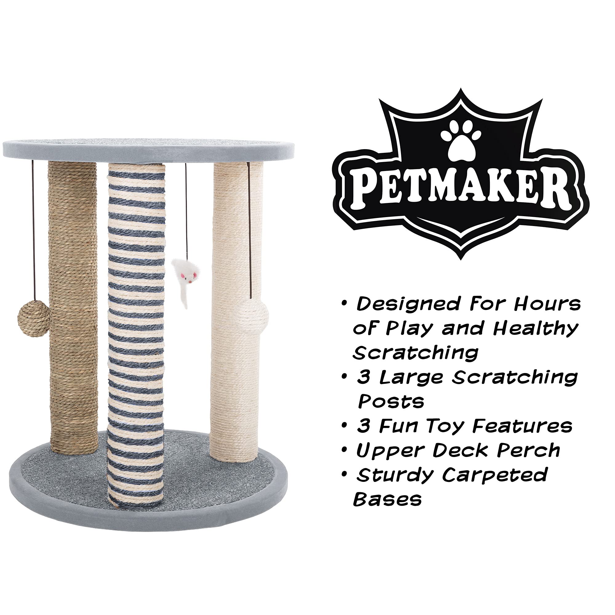 Cat Scratching Post - 3 Scratcher Posts With Carpeted Scratch Pad Base And Perch - Furniture Scratching Deterrent For Indoor Cat