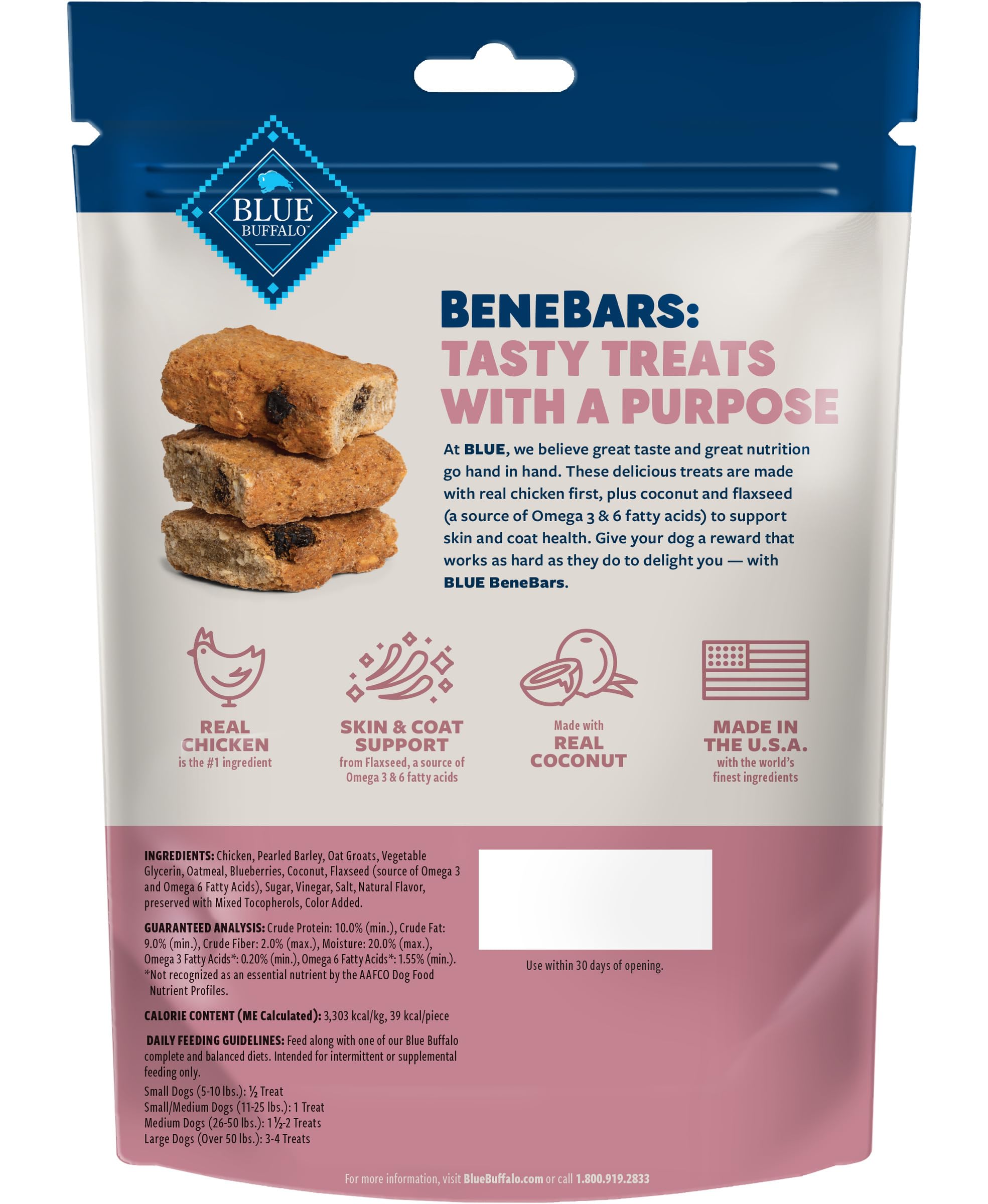 Blue Buffalo BeneBars Skin & Coat Support Dog Treats with Omega 3 & 6 Fatty Acids, Made with Natural Ingredients, USA Chicken &
