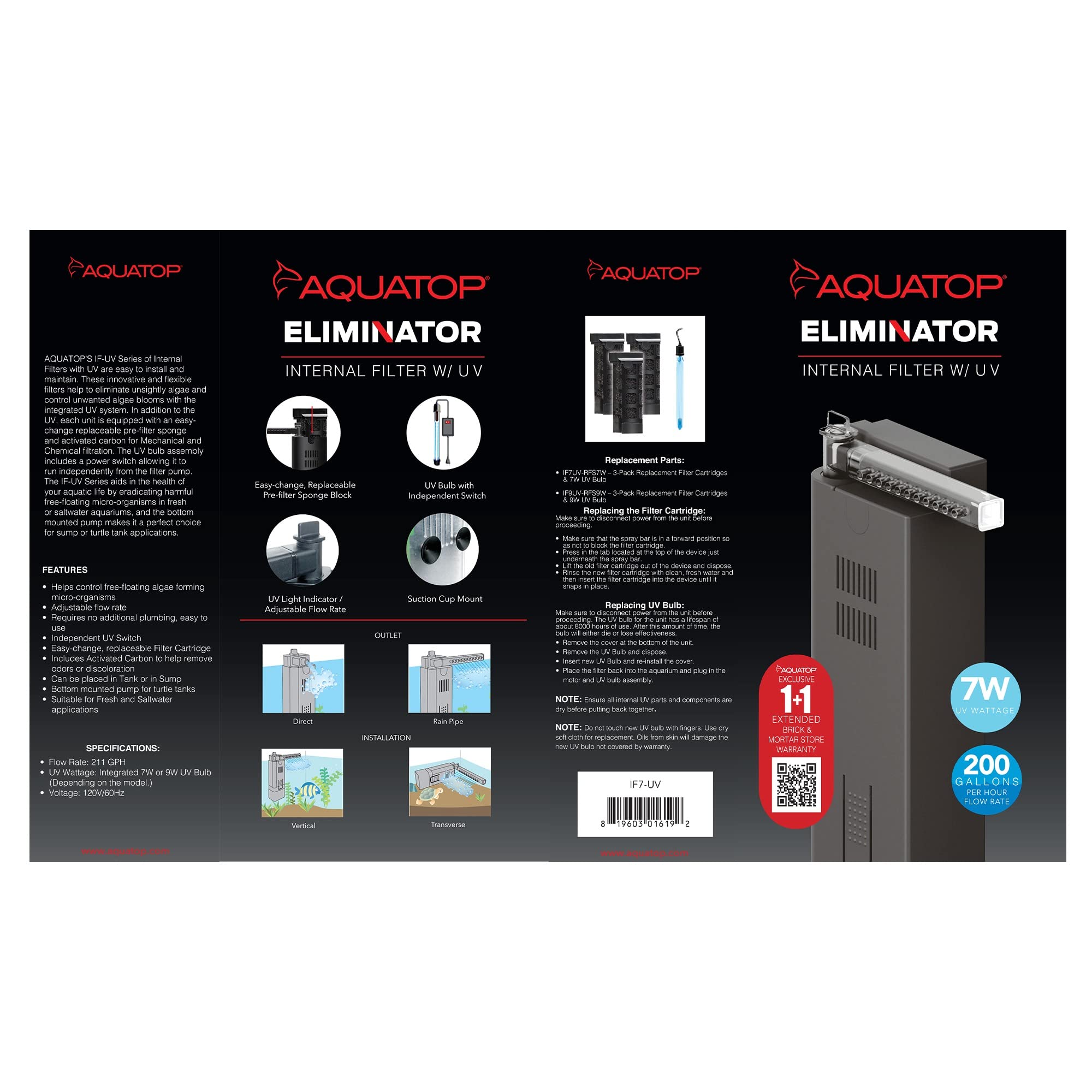 Aquatop 200 GPH Slim Internal Filter with 7W UV Light for Fresh & Saltwater, Black, Model IF7-UV