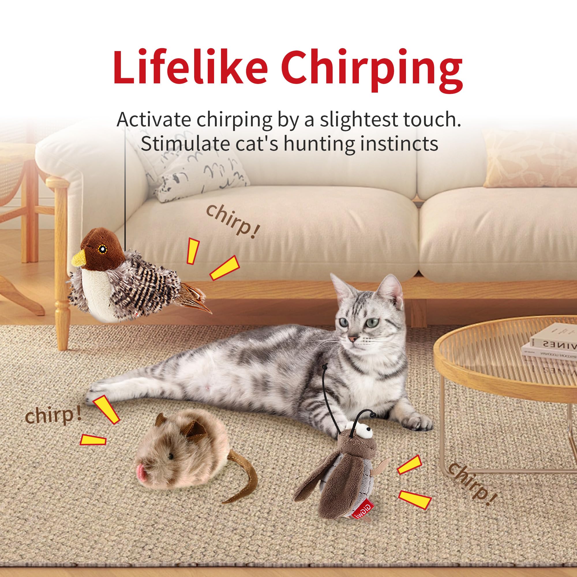 Petgeek Gigwi Simulated Chirping Bird Cat Toy, Fake Interactive Cat Toys For Indoor Cats, Feather Toy With Hanging Loop For Bore