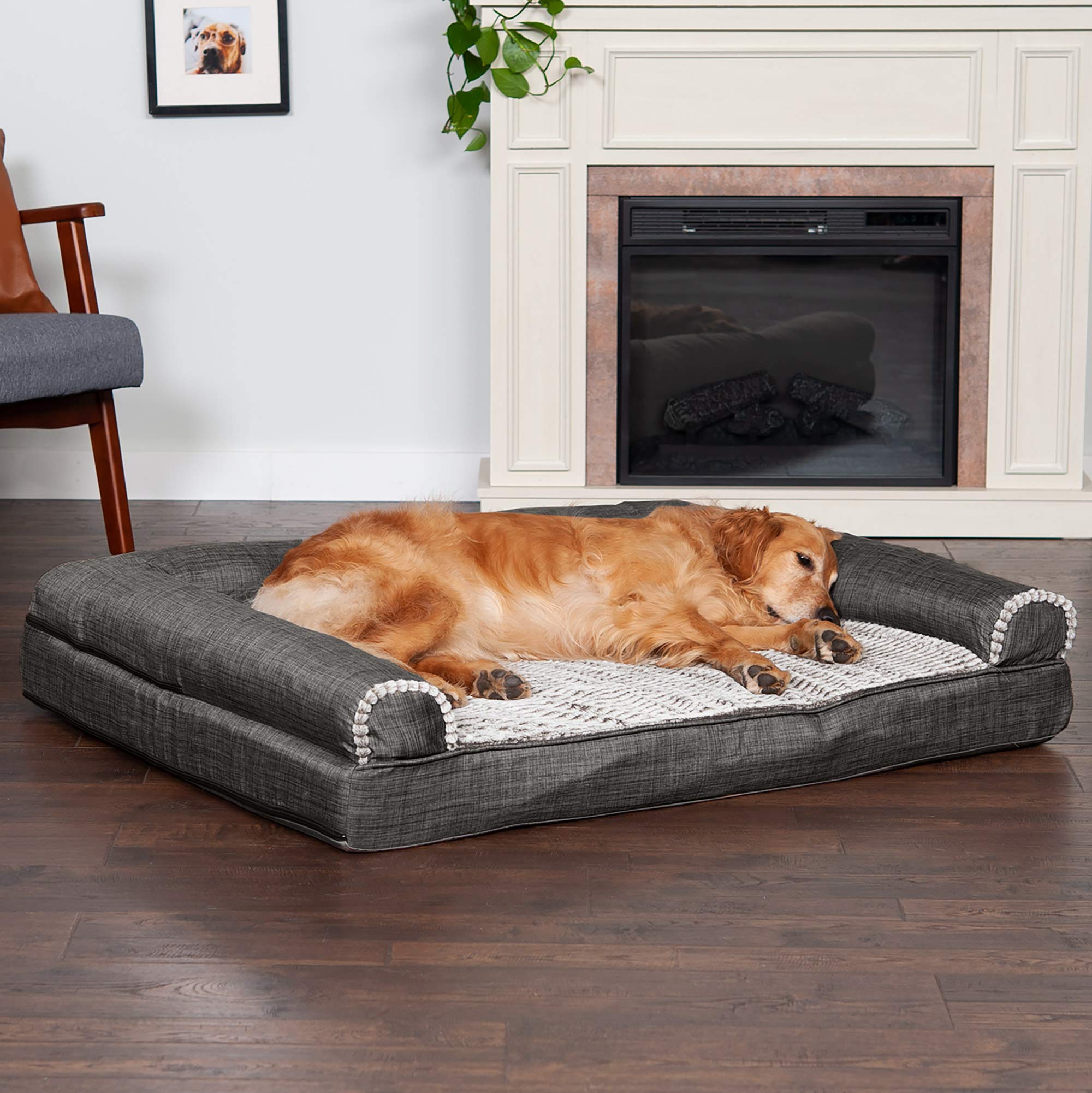 Furhaven Orthopedic Dog Bed For Large Dogs W/ Removable Bolsters & Washable Cover, For Dogs Up To 95 Lbs - Luxe Faux Fur & Performance Linen Sofa - Charcoal, Jumbo/Xl