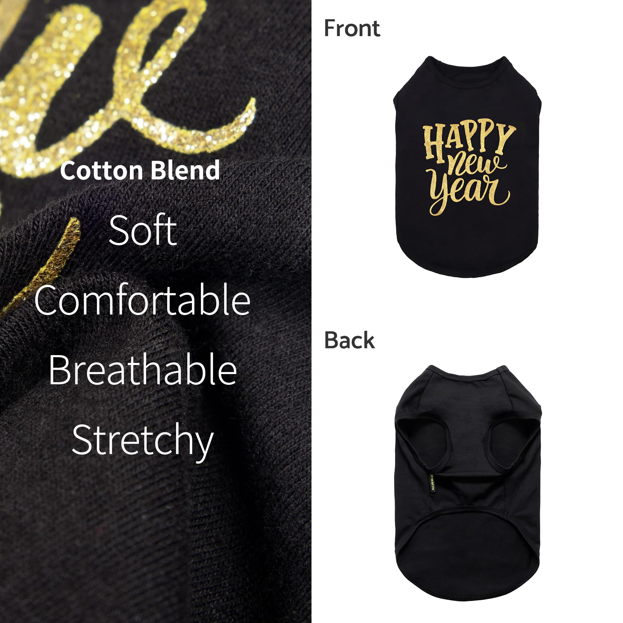 Fitwarm Happy New Year Dog Shirt, Holiday Dog Clothes For Small Dogs Boy Girl, Funny Pet Christmas Outfit, Black, Gold, Large
