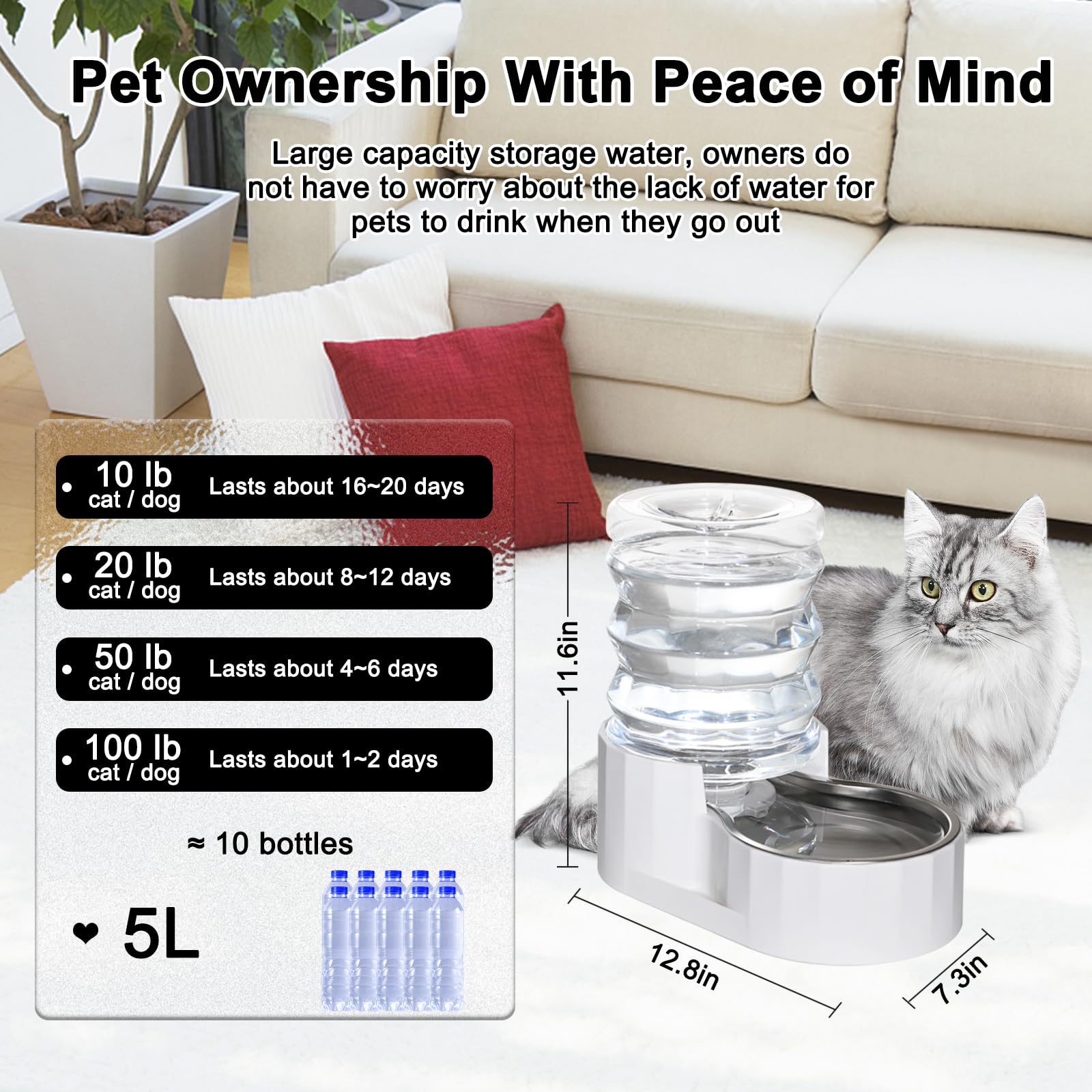 Rizzari Automatic 5L Pet Waterer, Gravity Stainless Steel Water Dispenser, 100% Bpa-Free, Large Capacity Water Feeder For Cats And Small And Medium-Sized Dogs(5L)
