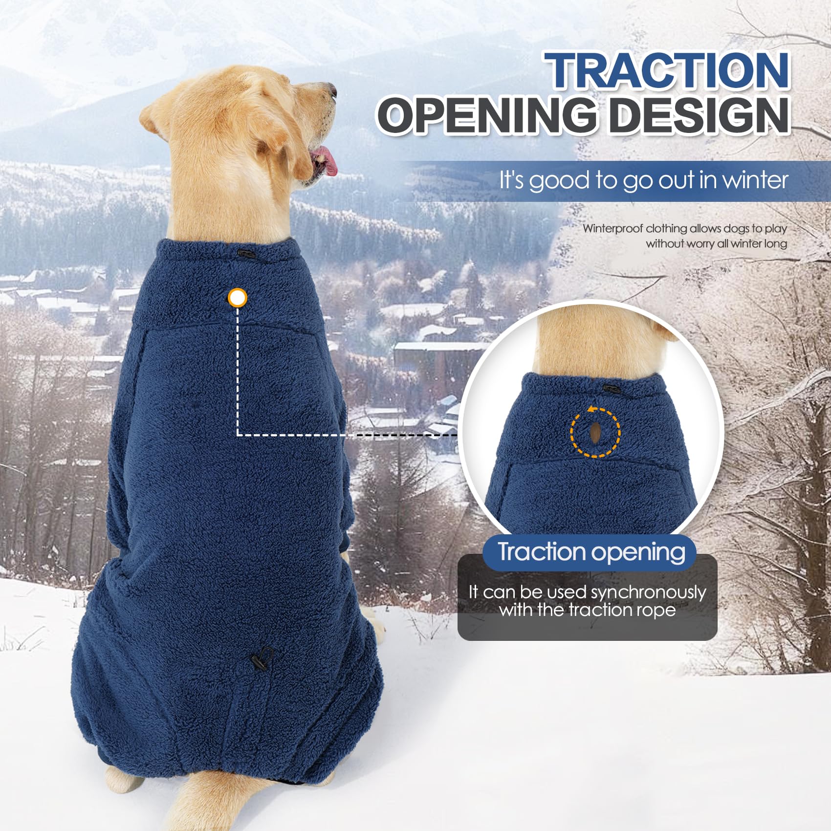 Pinellia Warm Fleece Dog Jacket, Windproof Pullover Jumpsuit, Cold Weather Pajamas For Medium-Large Dogs (Large, Navy Blue)