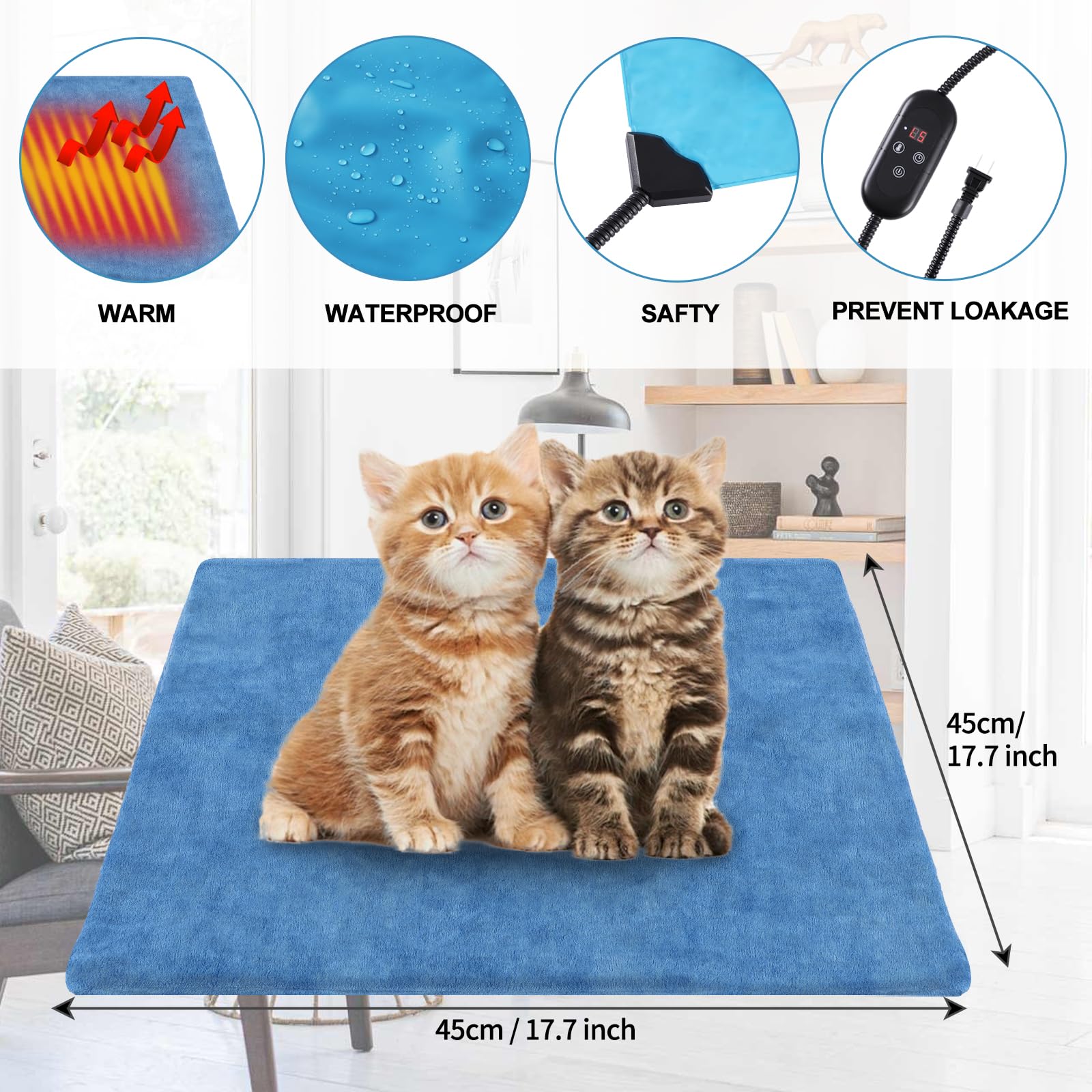 Kekelan Pet Heating Pad For Cats, Indoor Outdoor Waterproof Electric Heated Pad Mat For Dogs With Chew Resistant Cord,5 Timer An