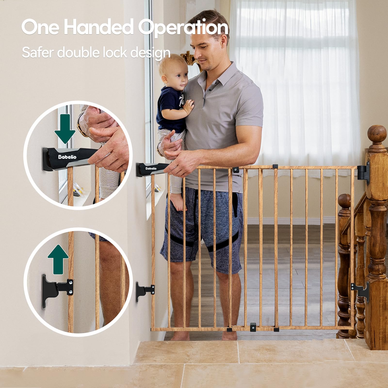 Babelio 26-43' No Bottom Bar Baby Gate For Babies, Elders And Pets, 2-In-1 Hardware Mount Dog Gate For The House, Stairs And Doorways, With Large Walk Thru Door, Brown Wood Pattern
