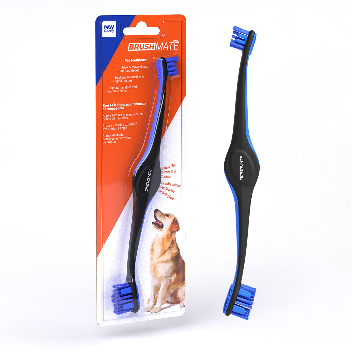 Brushmate Dual-Size Angled Soft Brush Heads Toothbrush For Pet Puppies, Dogs, And Cats - Ergonomic Handle, Long Neck, Special Rubber Stimulators - Dental Care Tool For Healthy Oral Hygiene