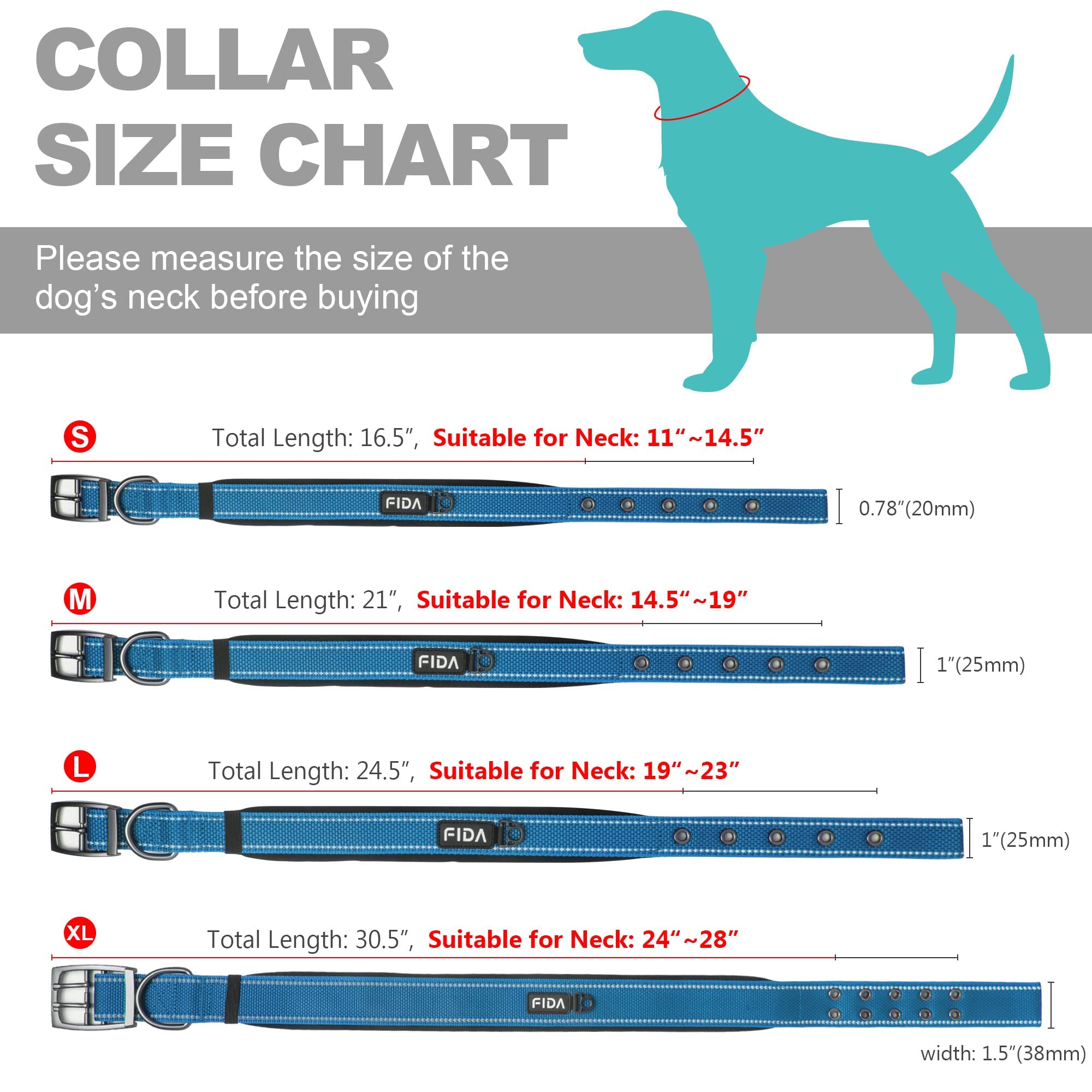 Fida Heavy Duty Dog Collar, Ultra Comfortable Soft Neoprene Padded, Adjustable Reflective Nylon Pet Collar With Durable Metal Belt Buckle For Large Breeds (L, Blue)
