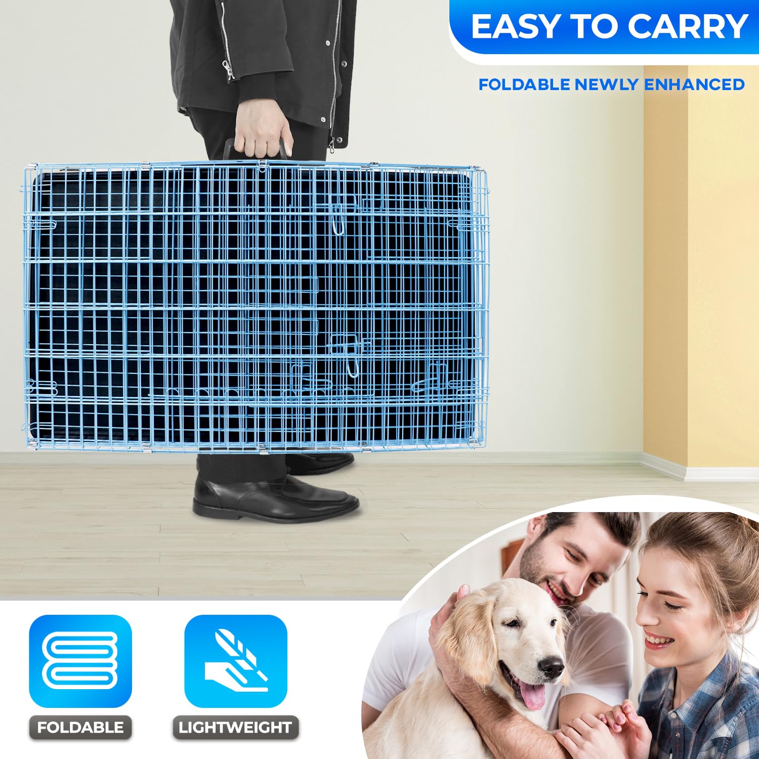 Fdw Dog Crate For Large Dogs 48 Inch Folding Metal Wirepet Cage Double Door W/Divider Panel Indoor Outdoor Kennel Leak-Proof Pla