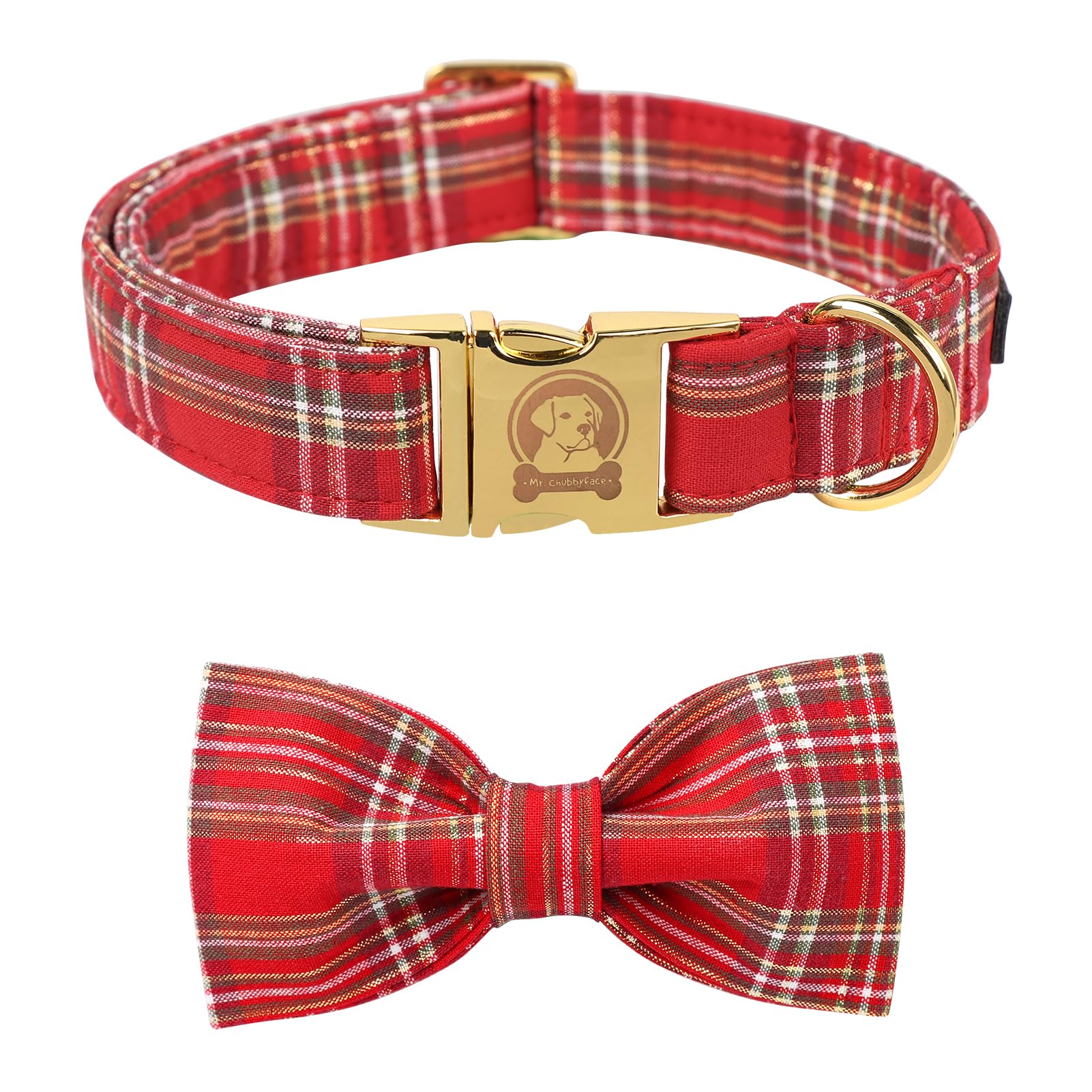 Mr. Chubbyface Red Plaid Dog Collar With Bowtie, Cotton Boy Girl Dog Collars With Metal Buckle Cute Christmas Collars For Puppy 