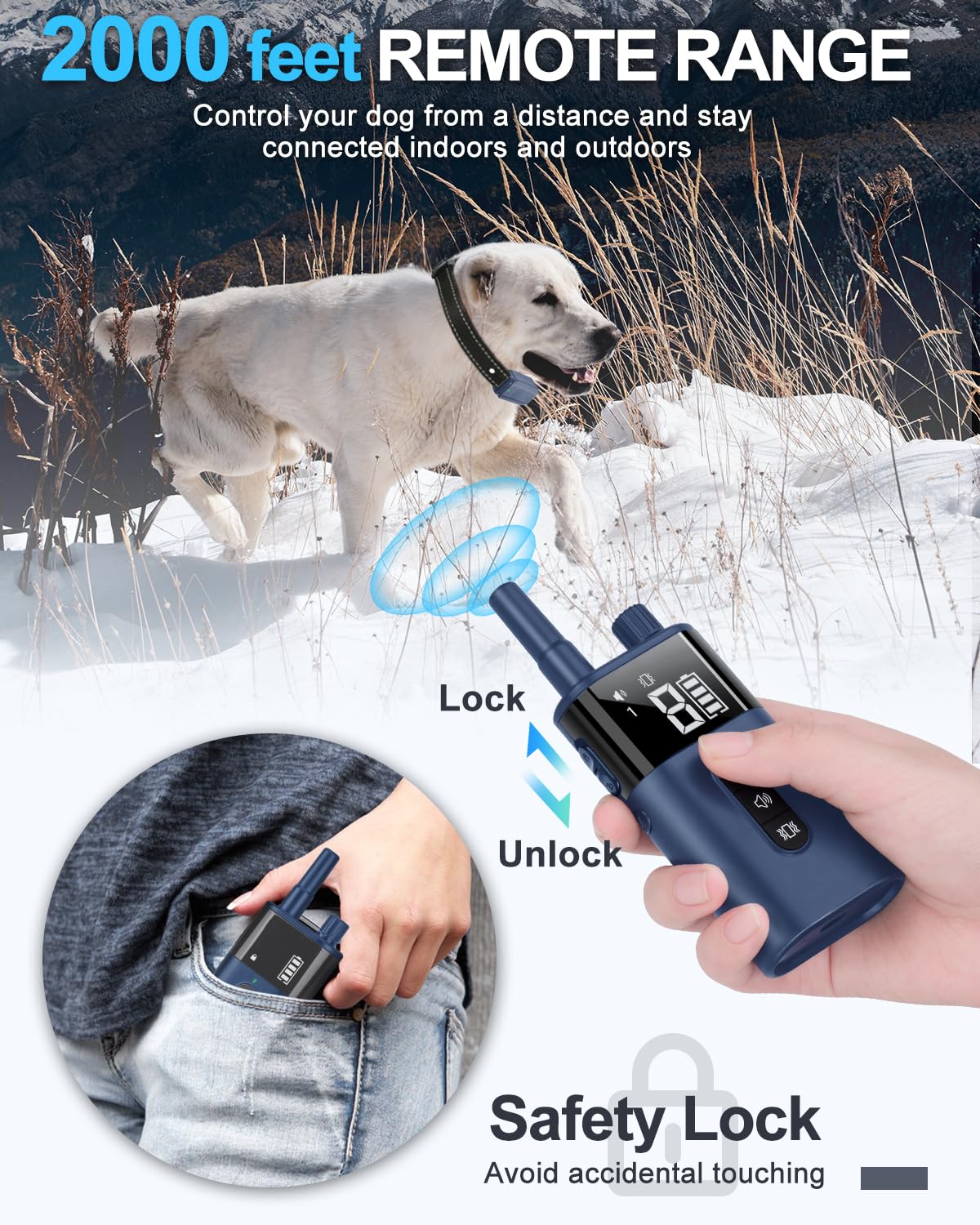 SODOG No Shock Dog Training Collar with Remote, Waterproof, Rechargeable, for Dogs 10-120 lbs, Navy Blue, Model KT47