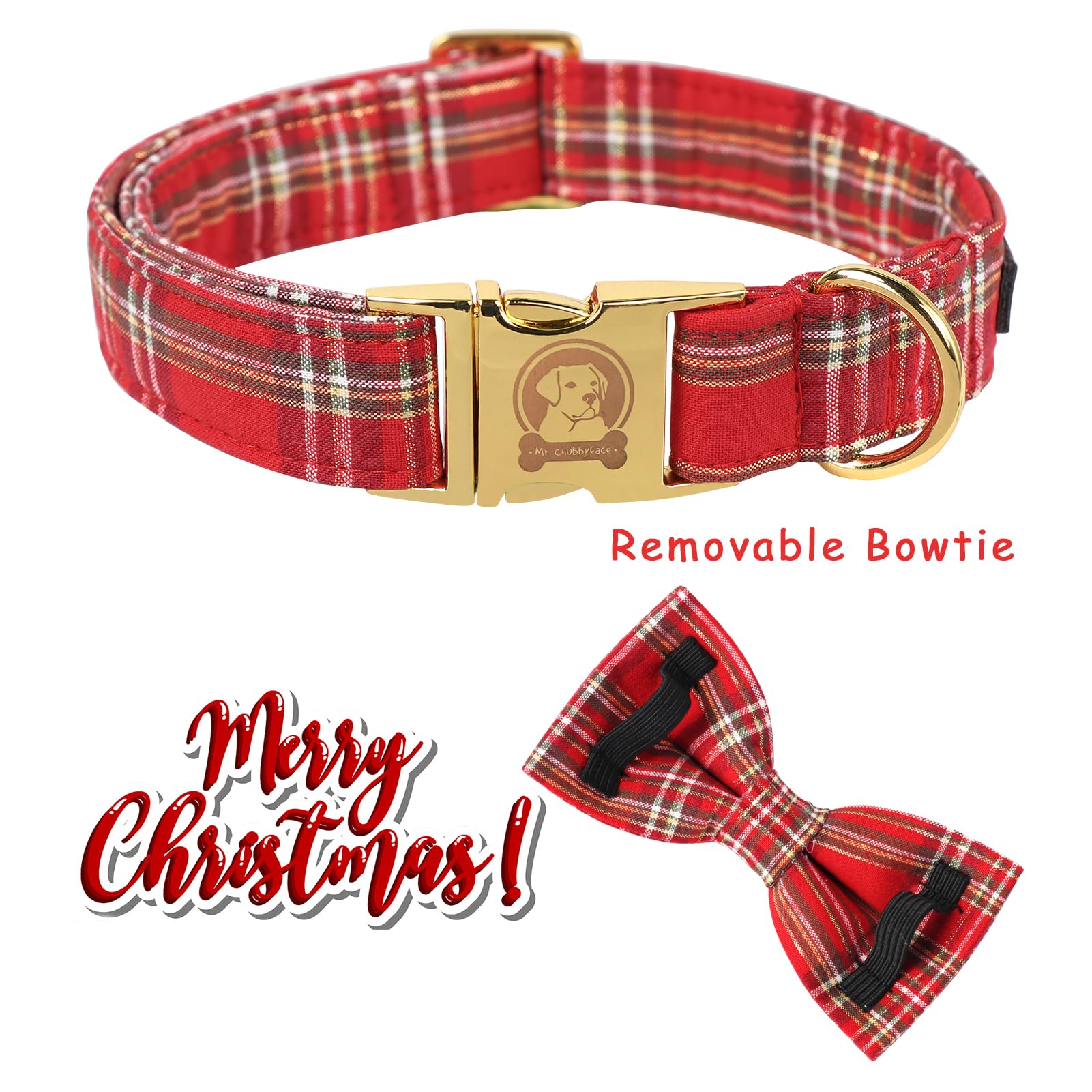 Mr. Chubbyface Red Plaid Dog Collar With Bowtie, Cotton Boy Girl Dog Collars With Metal Buckle Cute Christmas Collars For Puppy