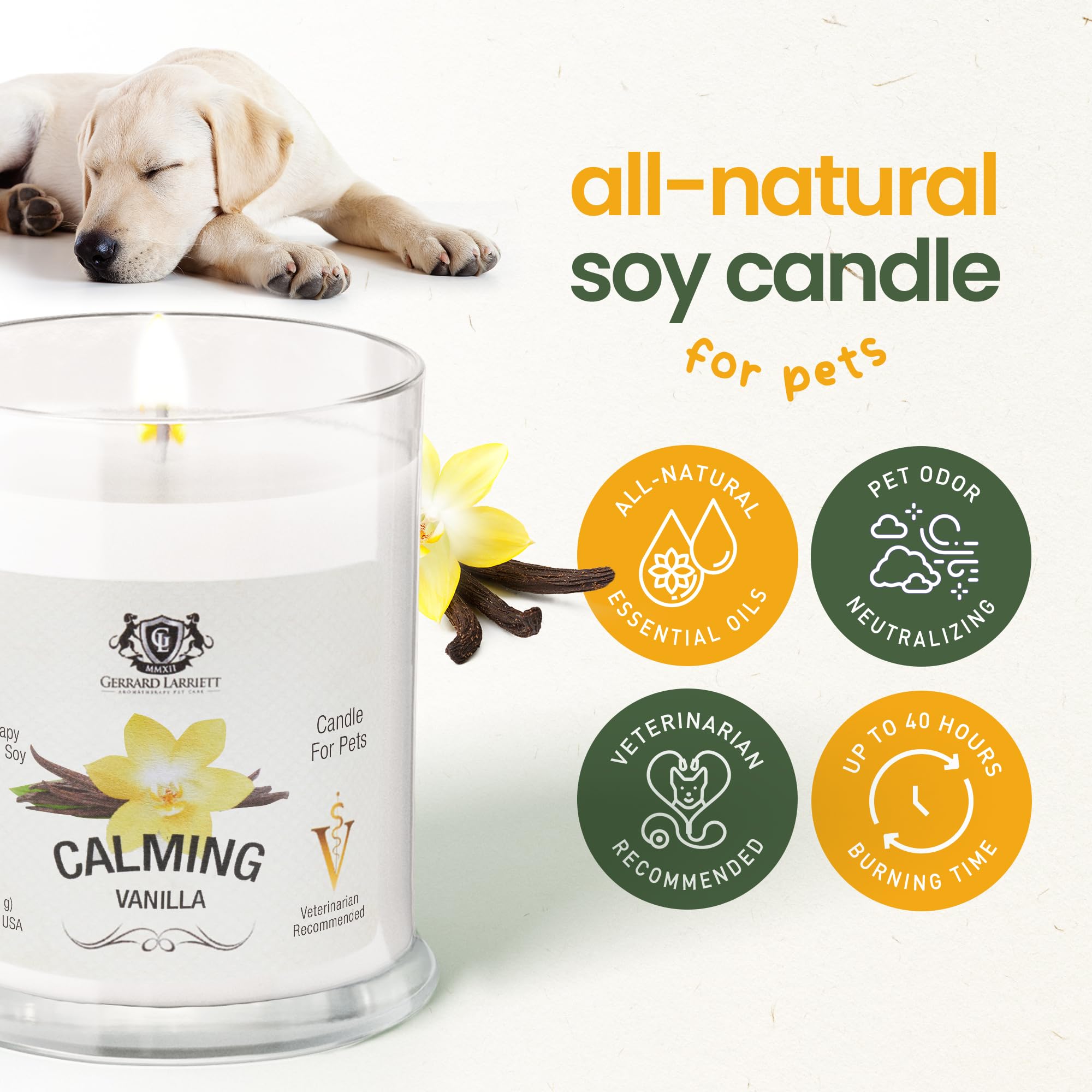 Gerrard Larriett - Deodorizing Soy Candles For Pets, Scented Candles For Removing Pet/Household Odors, White Candles For Home Scented With Calming Vanilla Candle Lasts Up To 40 Hours, 10 Oz