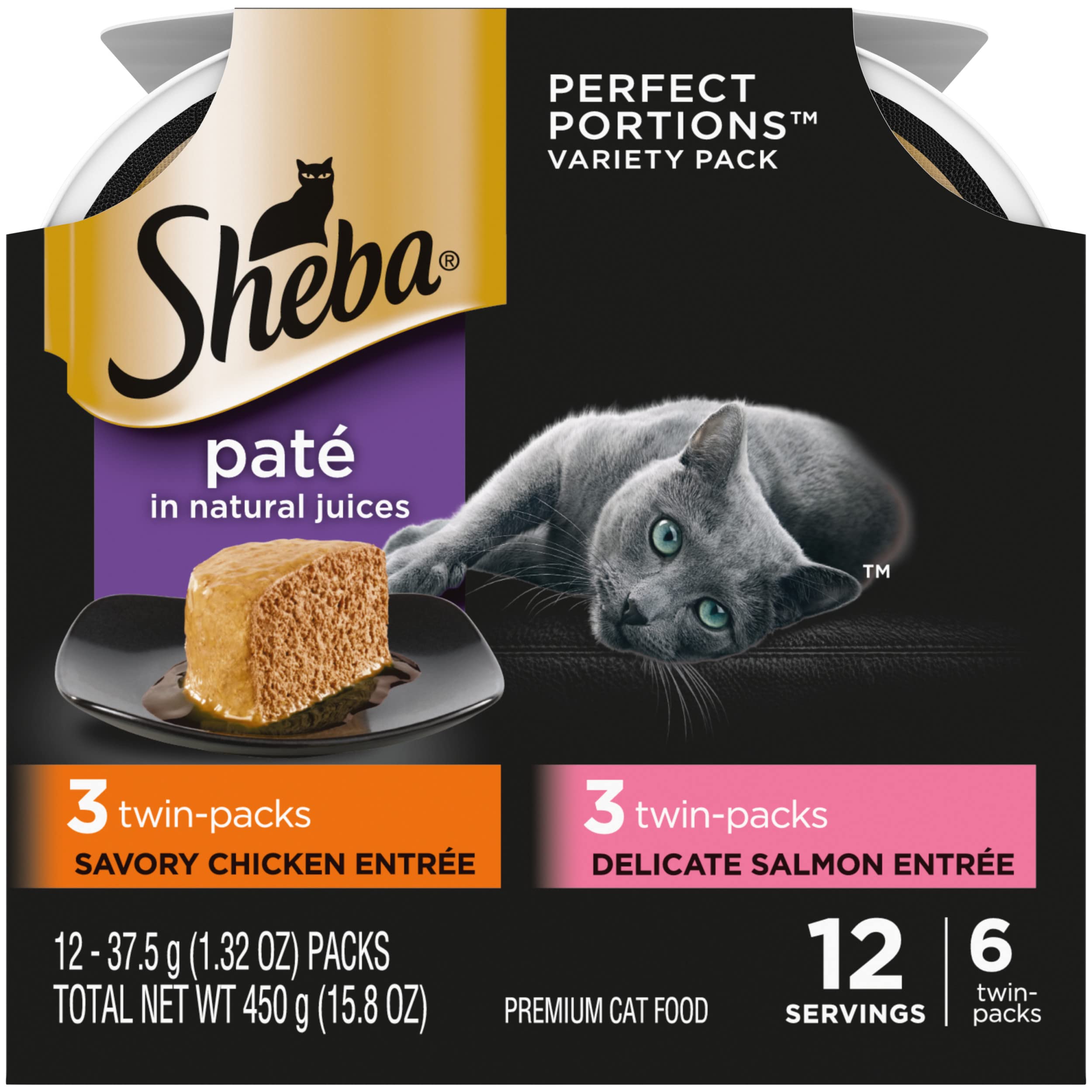 Sheba Perfect Portions Wet Cat Food Pate Savory Chicken Entree and with Sustainable Salmon Variety Pack, 2.6 oz., Twin-Pack Tray