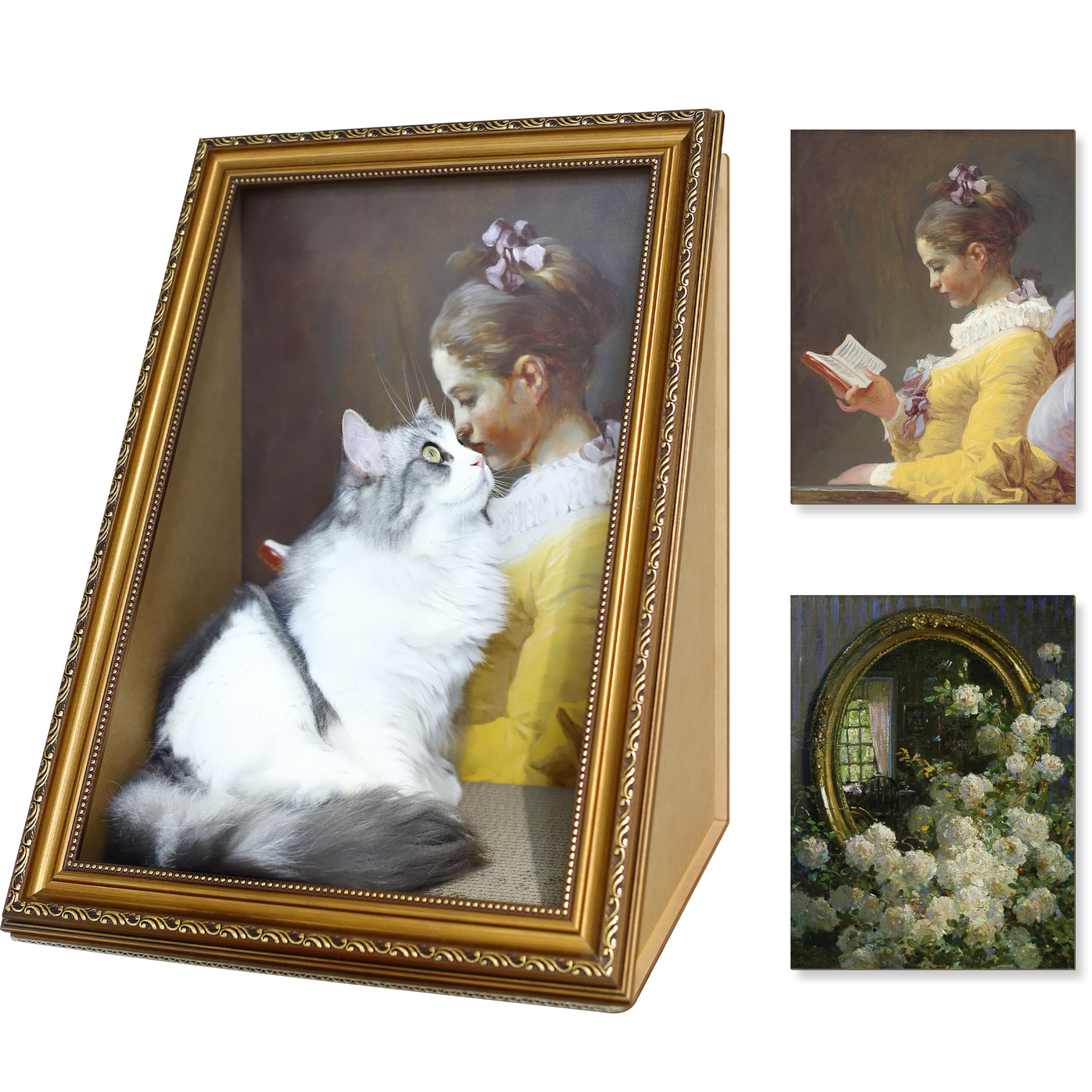 Cat Living In Famous Painting - Double-Sided Oil Painting Cat House With Scratcher Vintage Art Picture Frame Cardboard House Eas