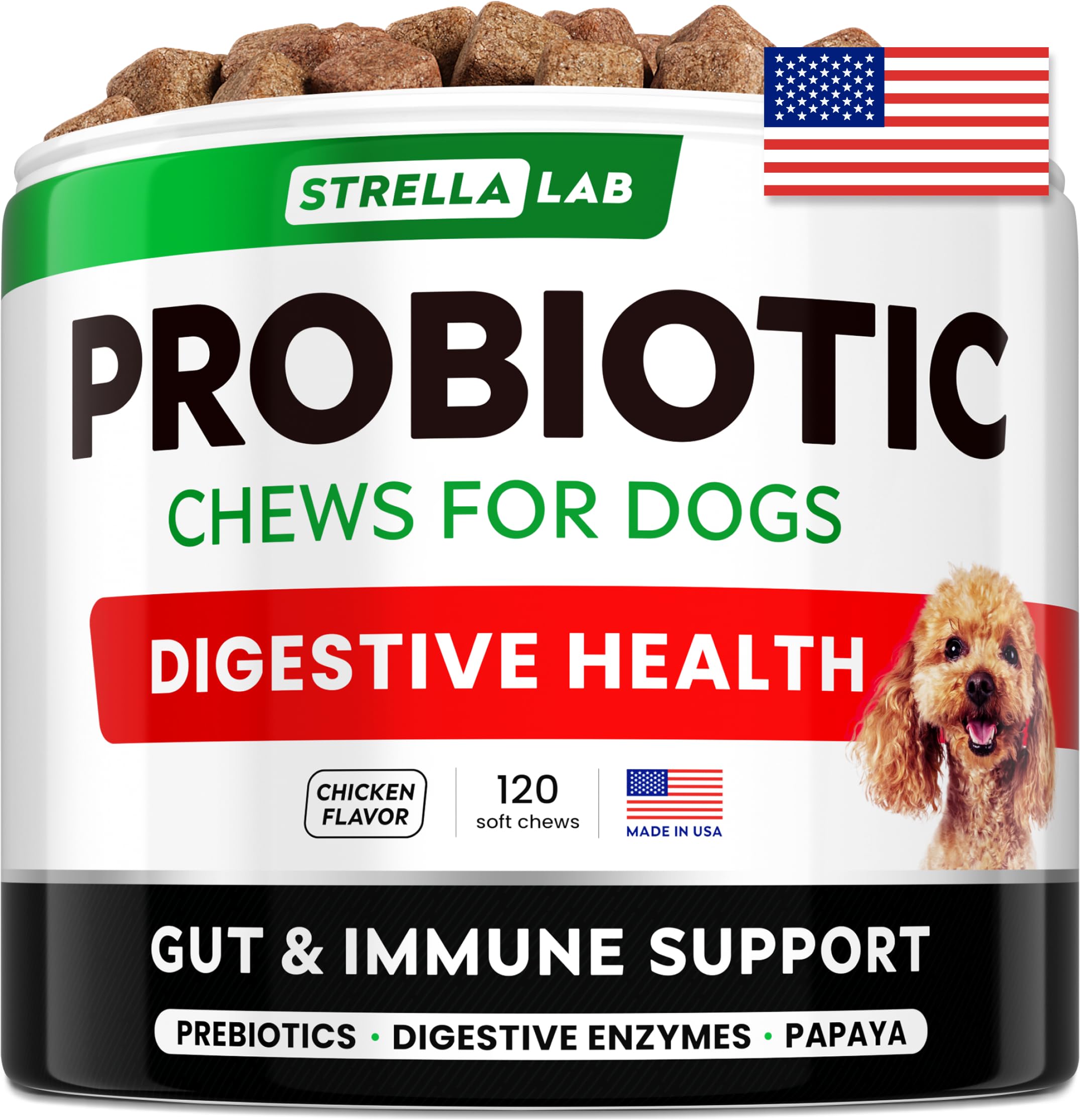 STRELLALAB Dog Probiotics Chews for Digestive Health & Gut Support with Yeast and Enzymes - Anti Gas, Diarrhea and Upset Stomach