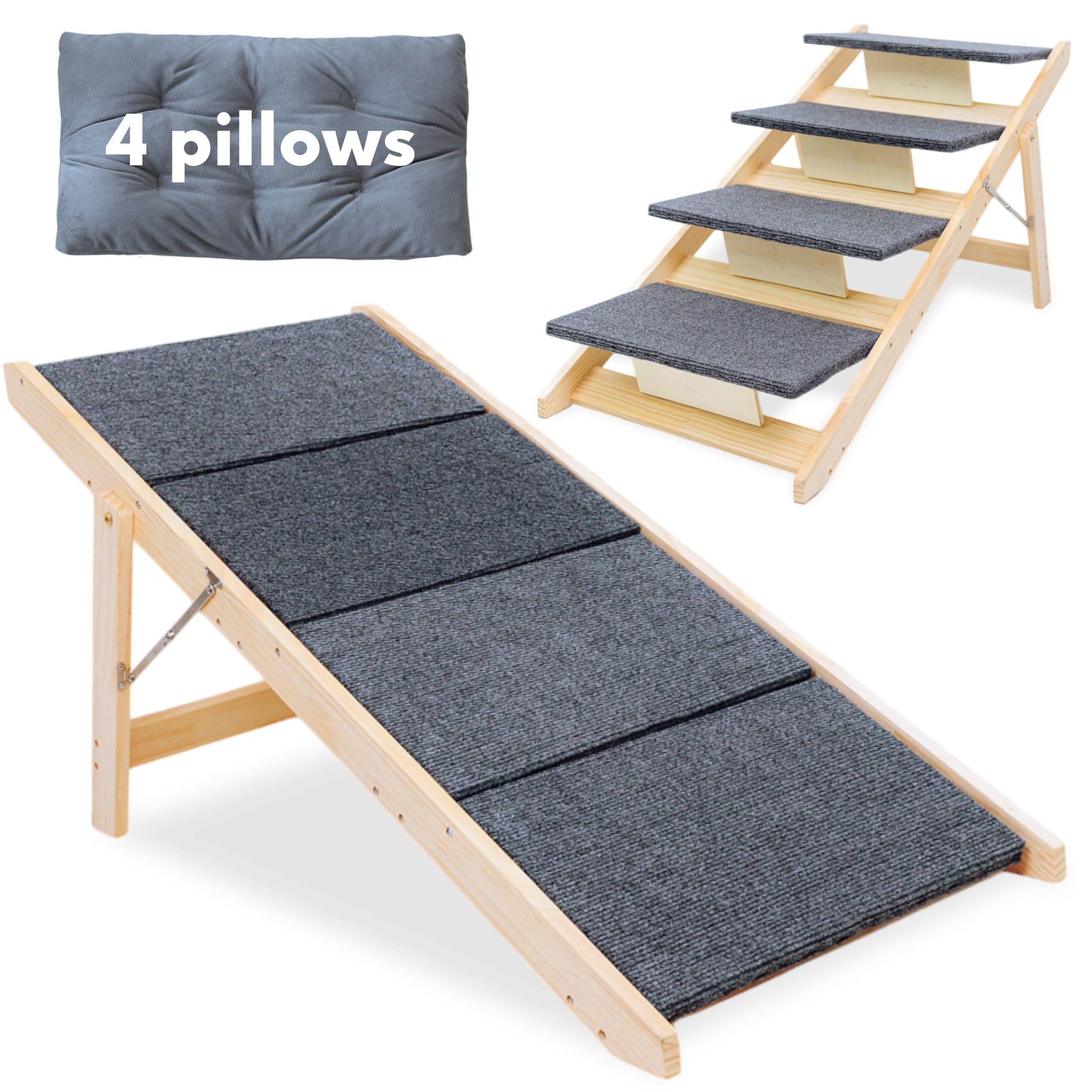 Folding Dog Ramp For Bed And Car - Transforms Into Step Dog Stairs For Small, Medium, Large Breeds - Wooden Pet Stairs For Dogs 