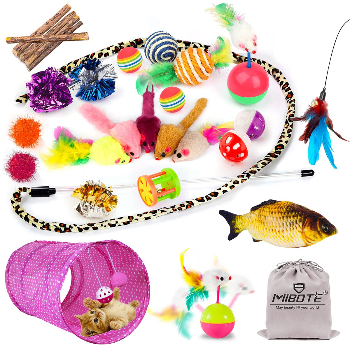 Mibote 28Pcs Cat Toys Kitten Toys Assorted, Cat Tunnel Catnip Fish Feather Teaser Wand Fish Fluffy Mouse Mice Balls And Bells Toys For Indoor Cat Puppy Kitty Interactive Cat Toy Set