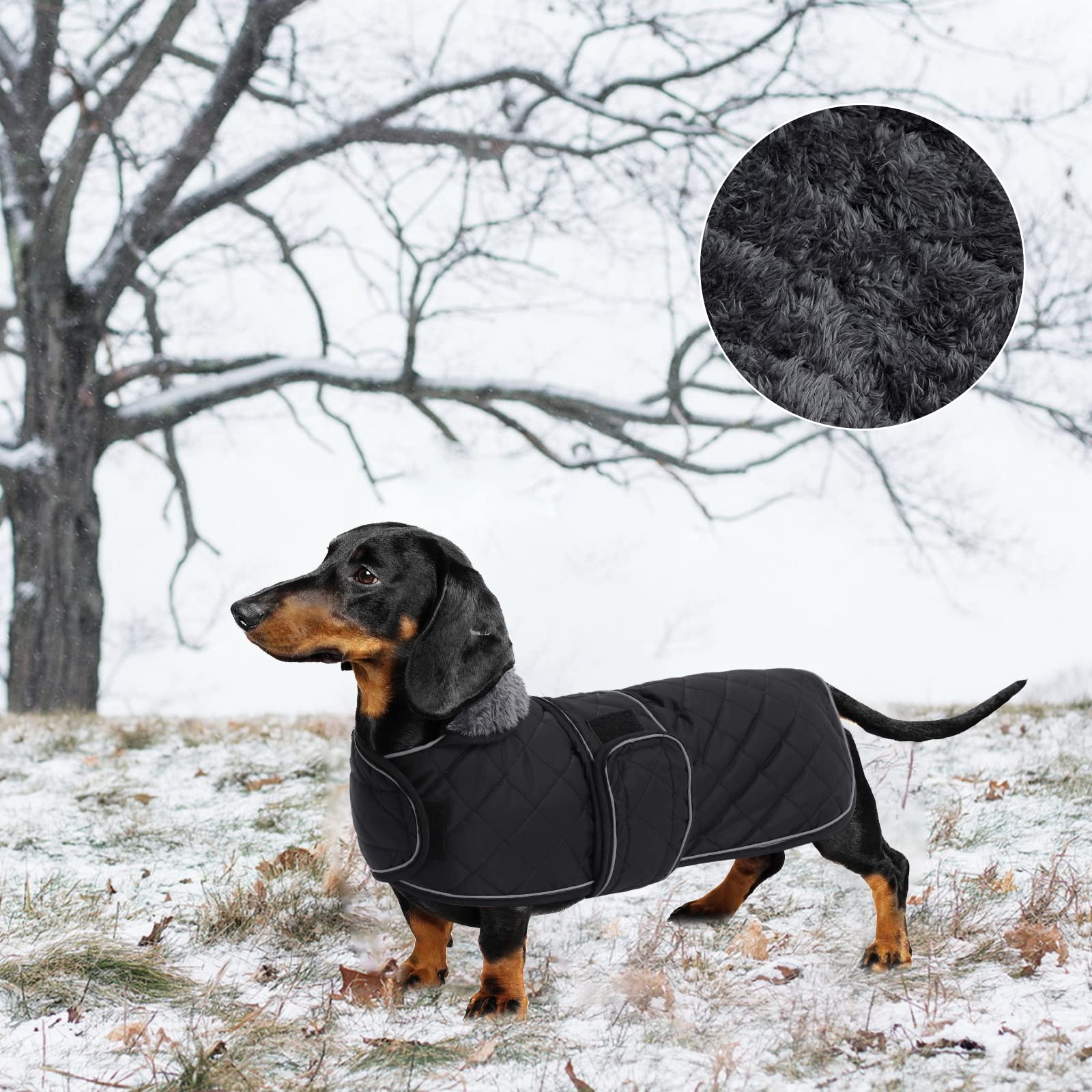 Warm Thermal Quilted Dachshund Coat, Dog Winter Coat With Warm Fleece Lining, Outdoor Dog Apparel With Adjustable Bands For Medium, Large Dog-Black-M
