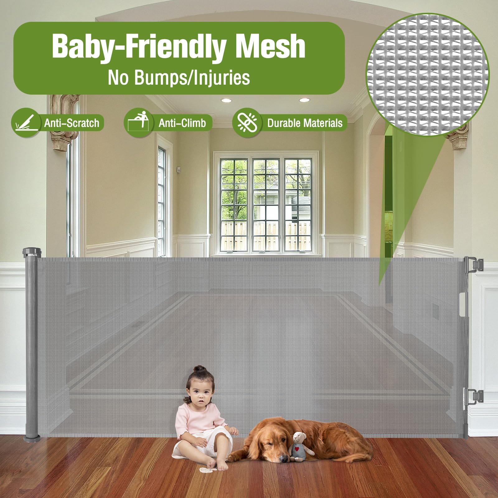 Retractable Baby Gates 65' Wide Baby Gate For Stairs Retractable Dog Gate Indoor Mesh Baby Gate Outdoor Retractable Gate Stair Gates For Kids Or Pets Child Gate Dog Gates For Doorways, Decks, Gray