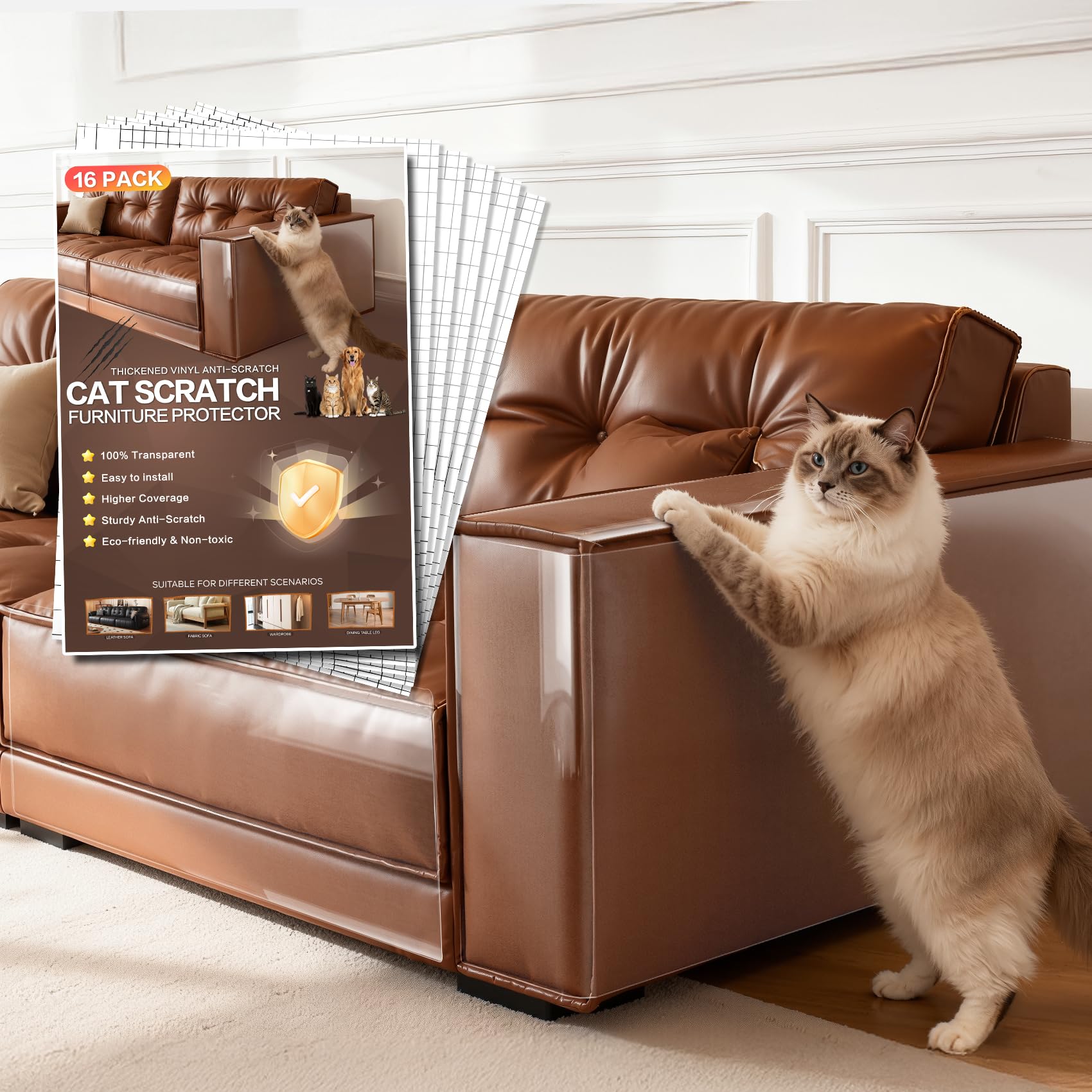 JKLMN Clear Vinyl Cat Scratch Protector for Leather Furniture - Easy-to-Apply & Removable Sofa Corner Guard, Anti-Scratch Tape f