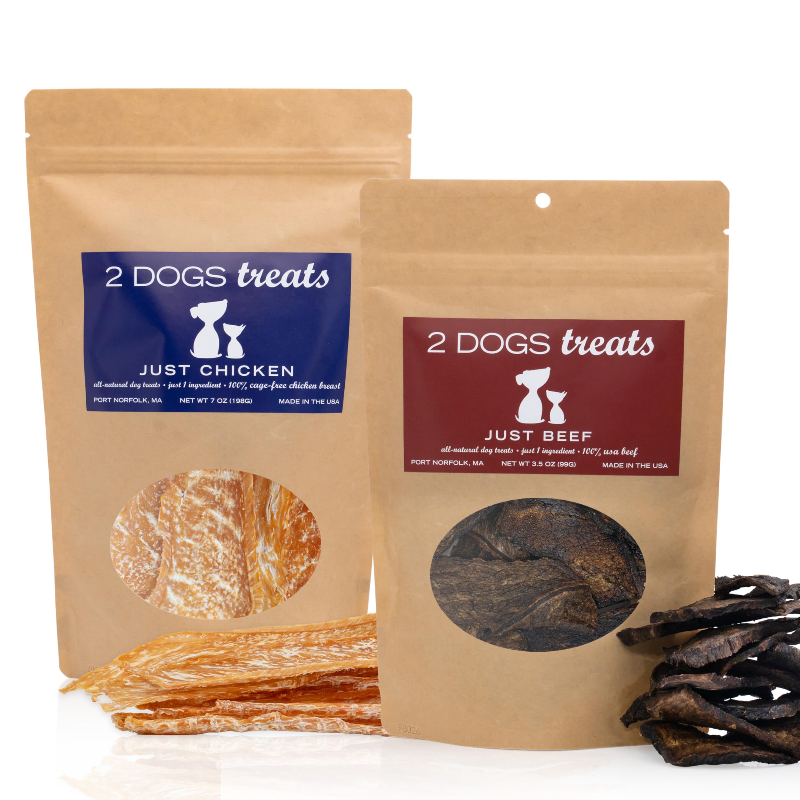 2 Dogs Treats Just Chicken & Beef Jerky | 100% USA-Sourced, Single-Ingredient, Great for Sensitive Stomachs, Human-Grade USDA Ch