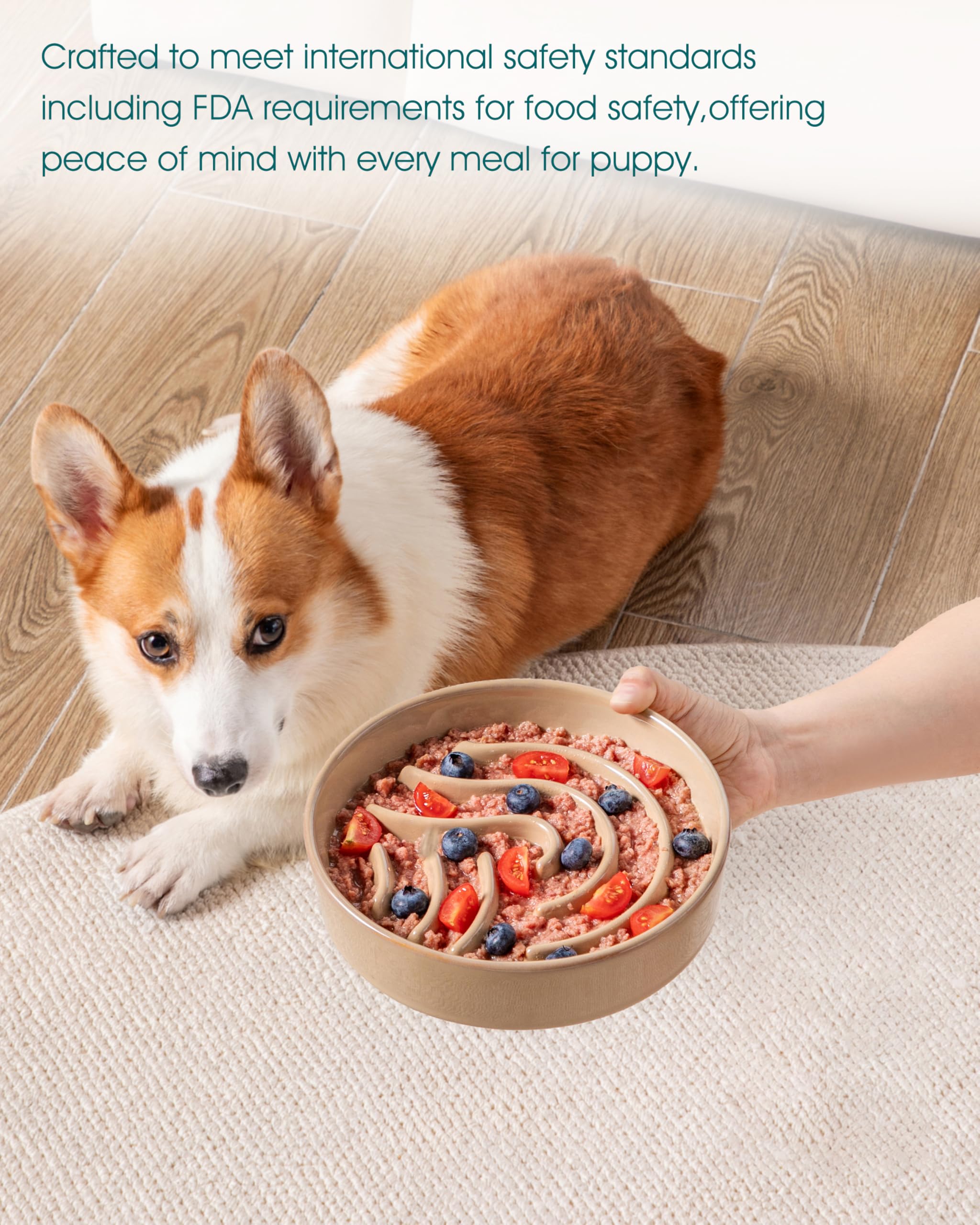 vancasso Ceramic Slow Feeder Dog Bowl, 1.5 Cups, Brown, Puzzle Design for Small/Medium Breeds, Model VC-MSGW-TW-GN-02