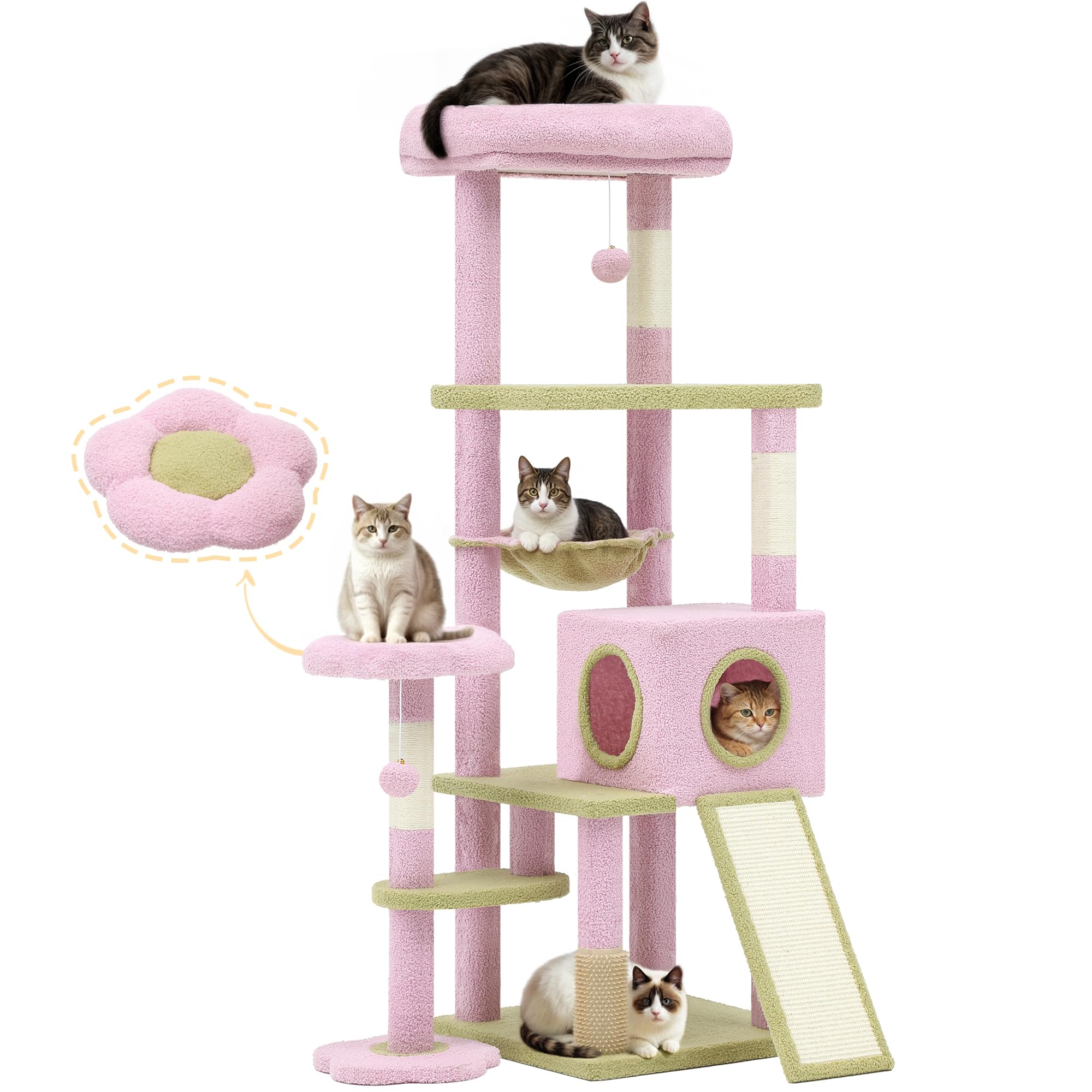 Yitahome 61'' Flower Cat Tree, Cat Tree Cute With Large Metal Frame Hammock, Silicone Tickling Column, Cat Scratched Board, 3 Si