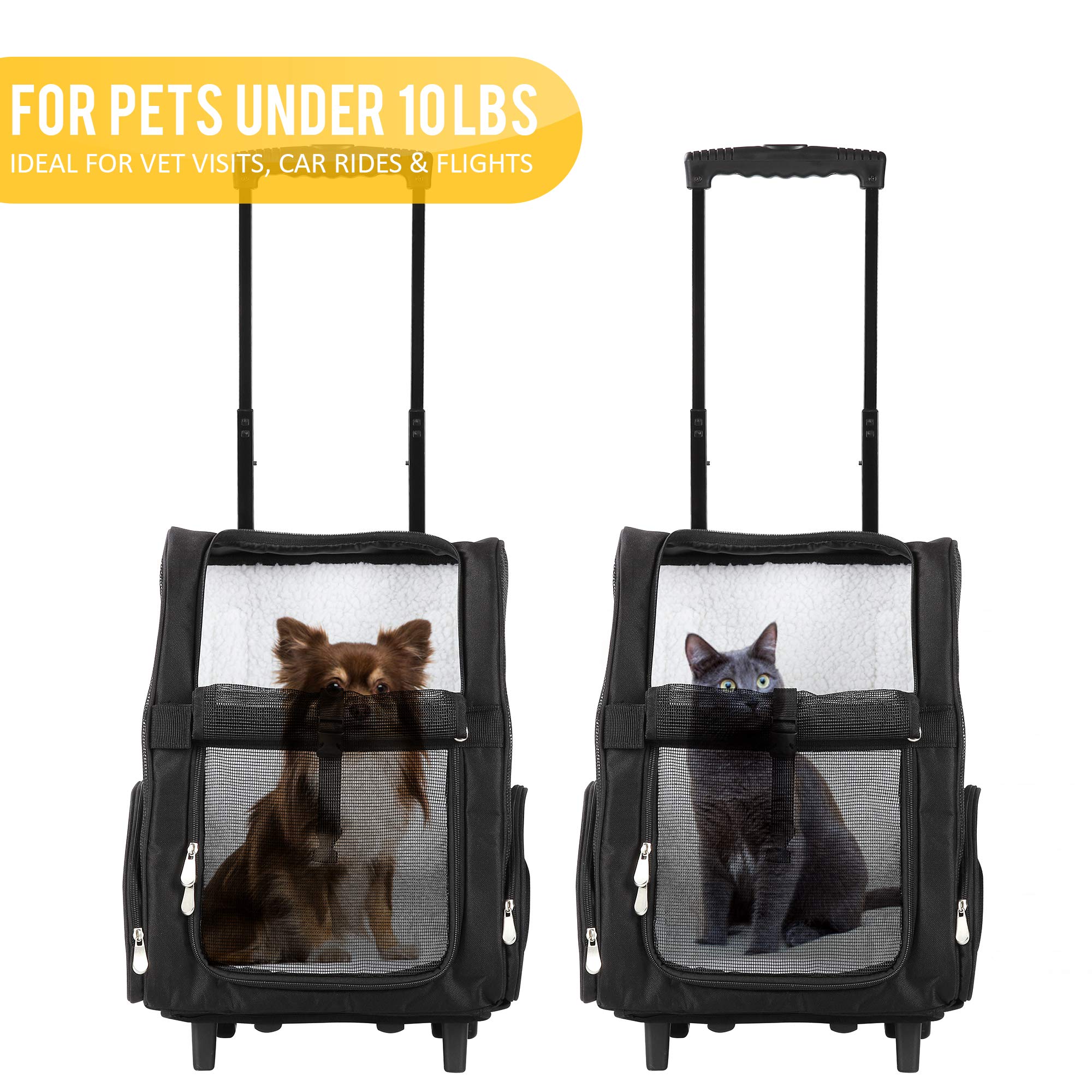 Kopeks Deluxe Backpack Pet Travel Carrier With Double Wheels For Pets Up To 10 Pounds - Black - Approved By Most Airlines