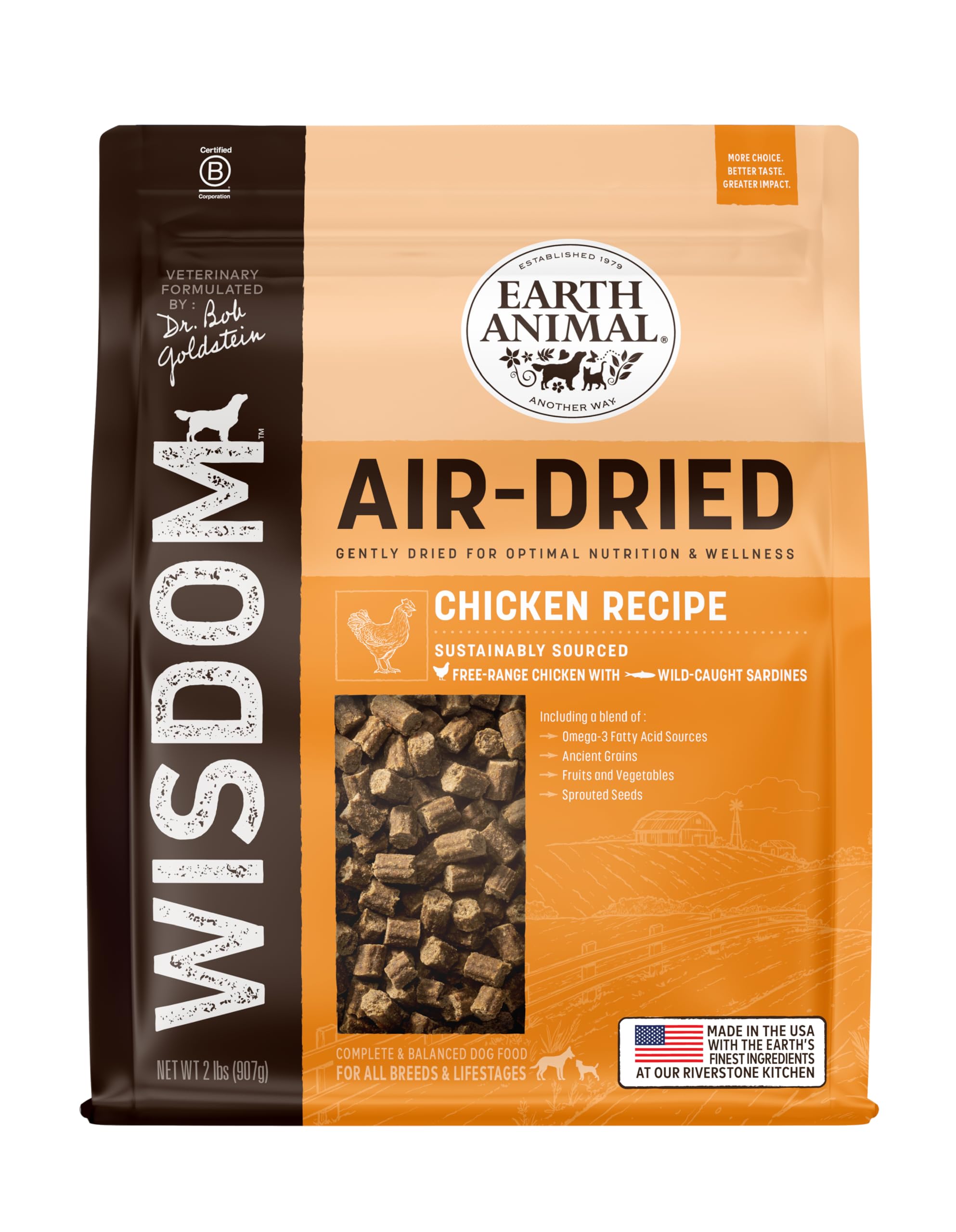 Earth Animal Wisdom Air Dried Dog Food - Chicken Recipe Premium Natural Dry Dog Food for All Breeds & Ages - 2 Lbs Bag
