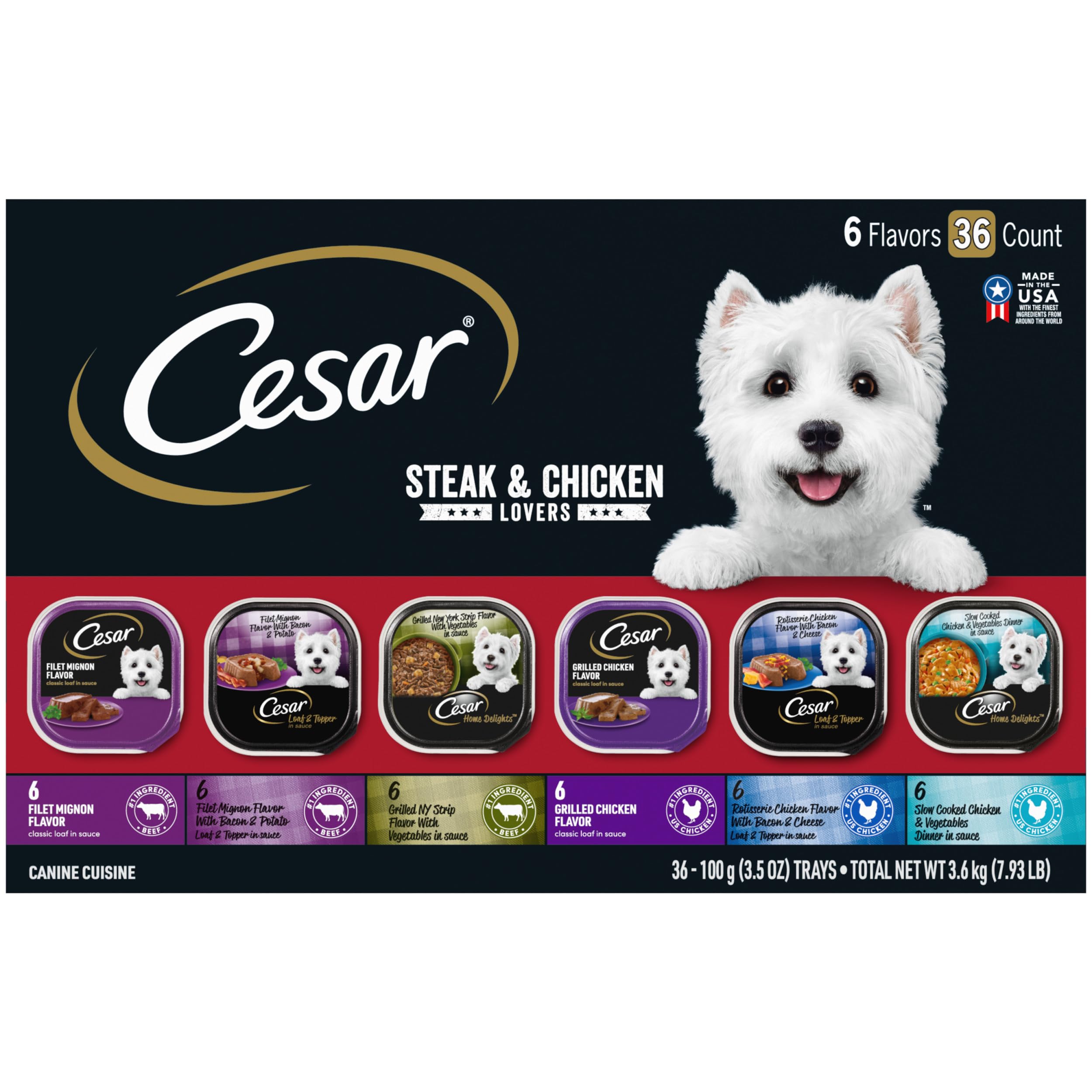 CESAR Adult Wet Dog Food Steak and Chicken Lovers Variety Pack with Real Meat or Real Chicken, (36) 3.5 oz. Easy Peel Trays